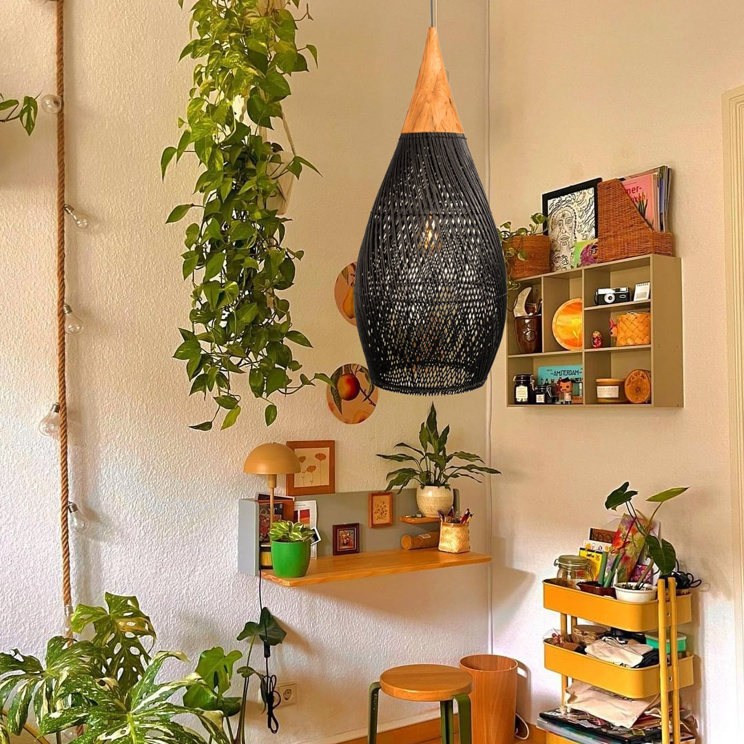 Handcrafted Water-Drop Shaped Rattan and Wood Pendant Light