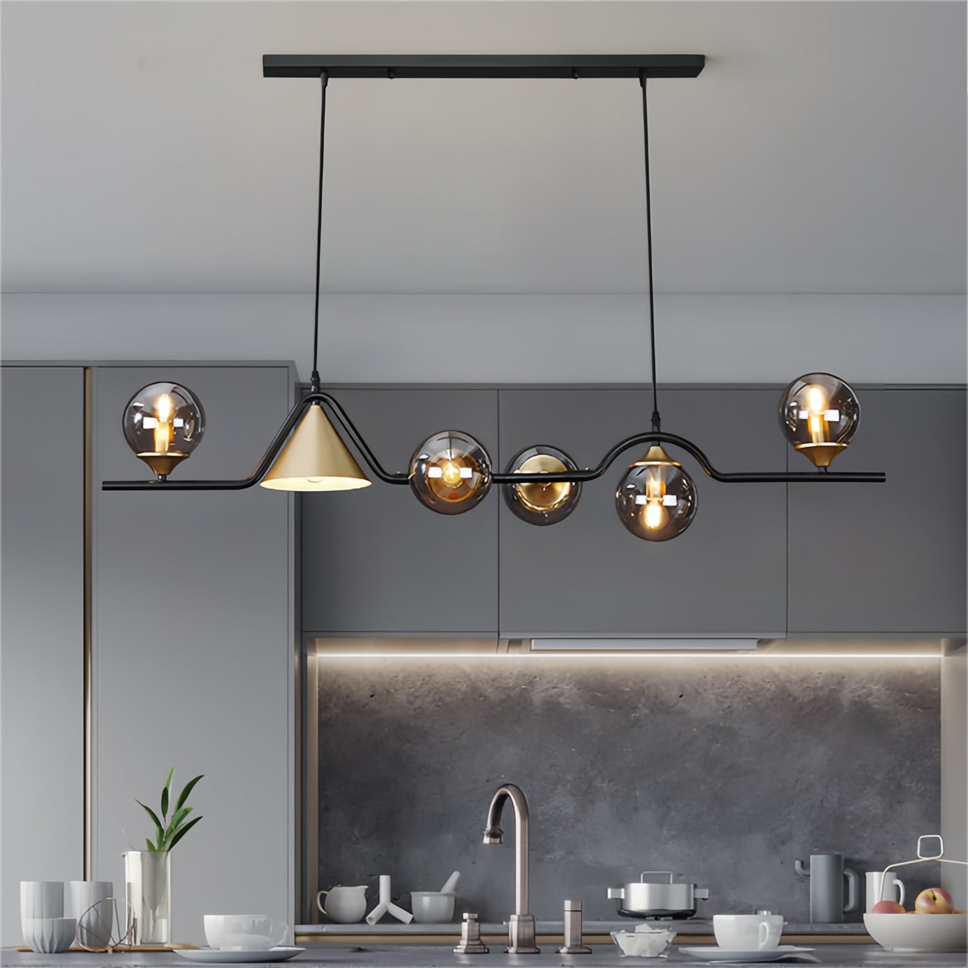 Modern Linear Geometric Spherical Glass Metal Pendant Light