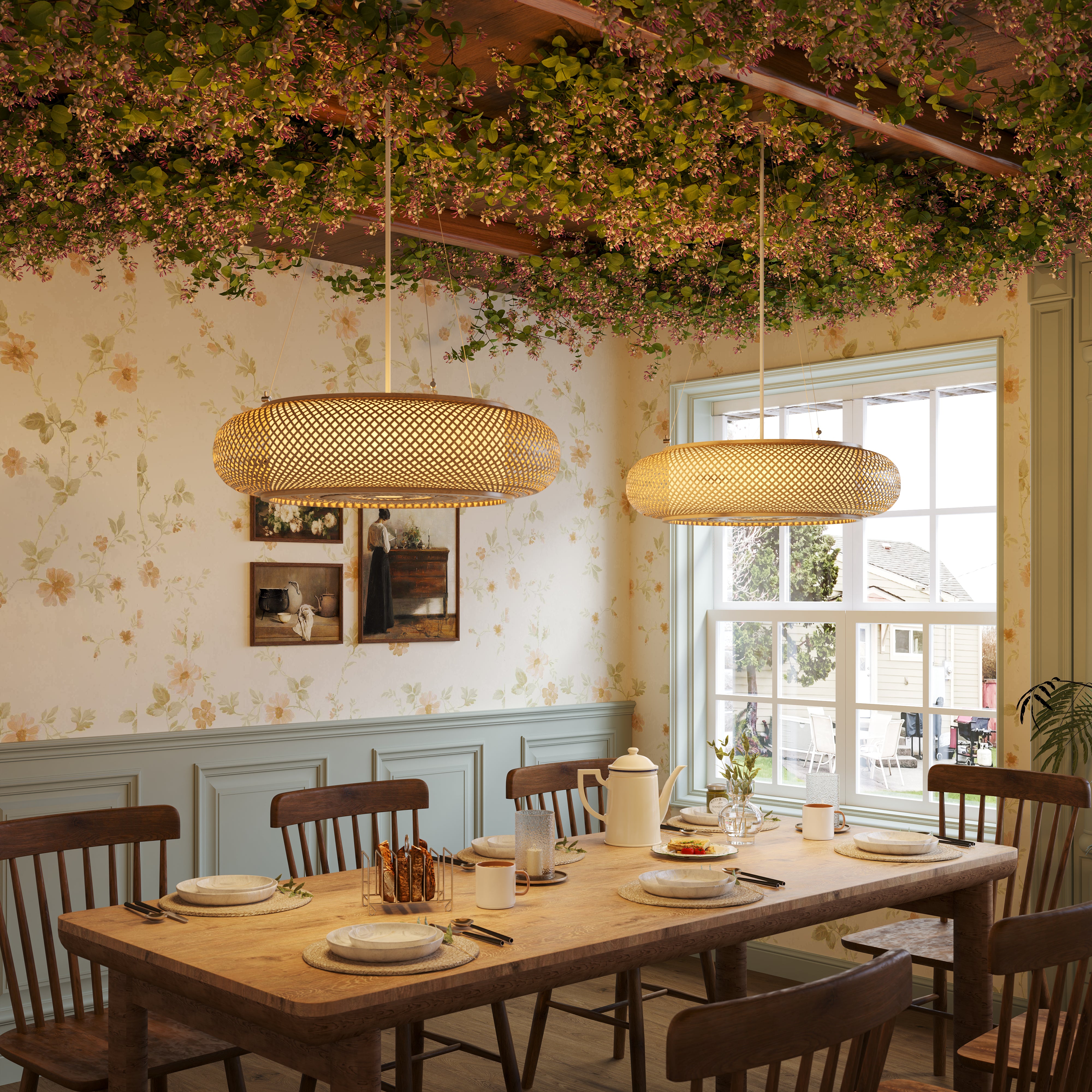 two rattan pendant lights by a dining room window