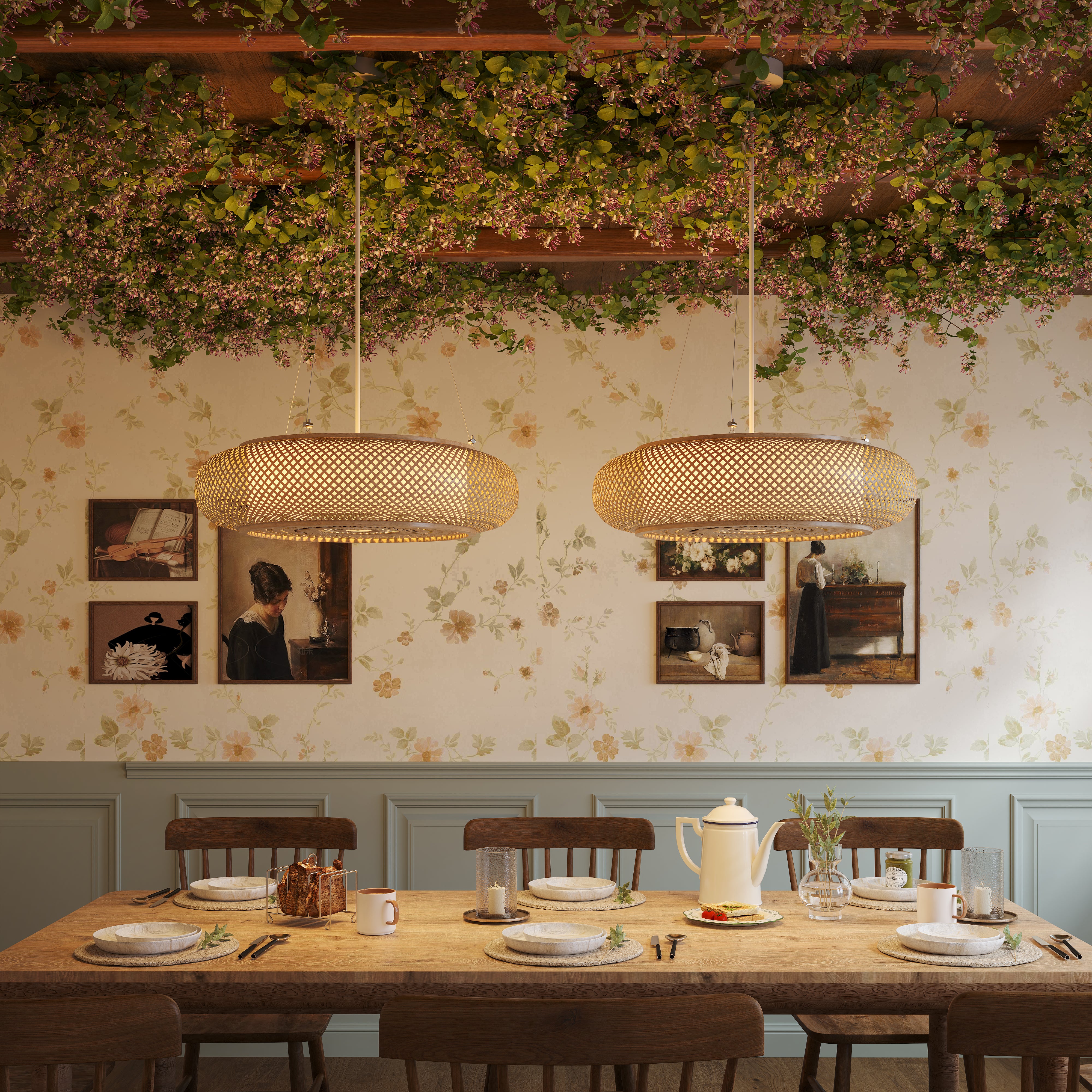 two rattan pendant lights above a set dining table