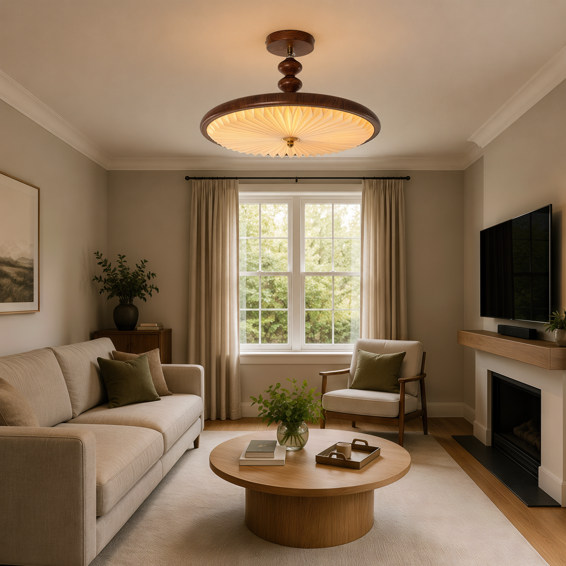 walnut pleated flush ceiling light in a hallway with neat flush fit