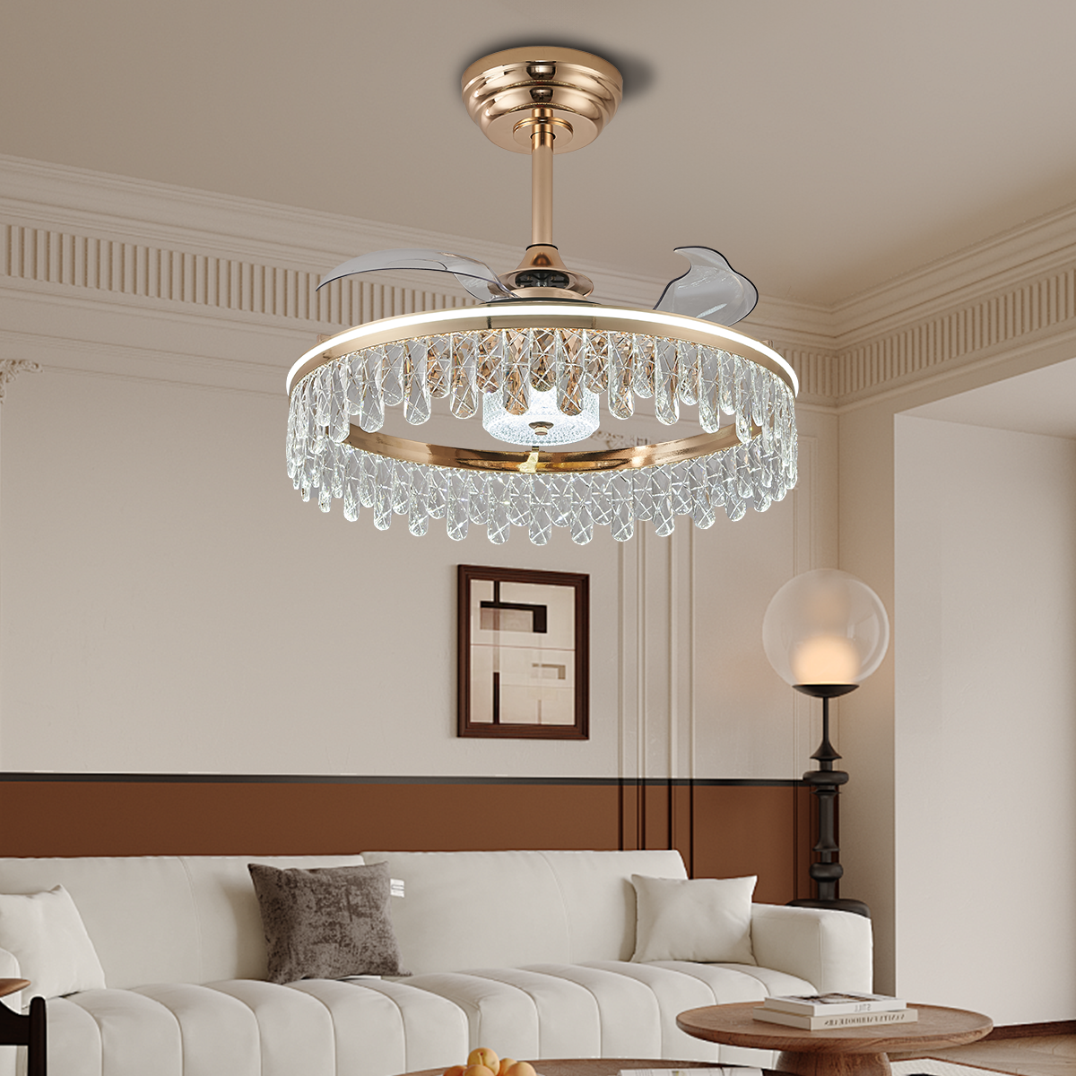 Elegant Quiet Ambiance Gold Crystal Ceiling Fan Light