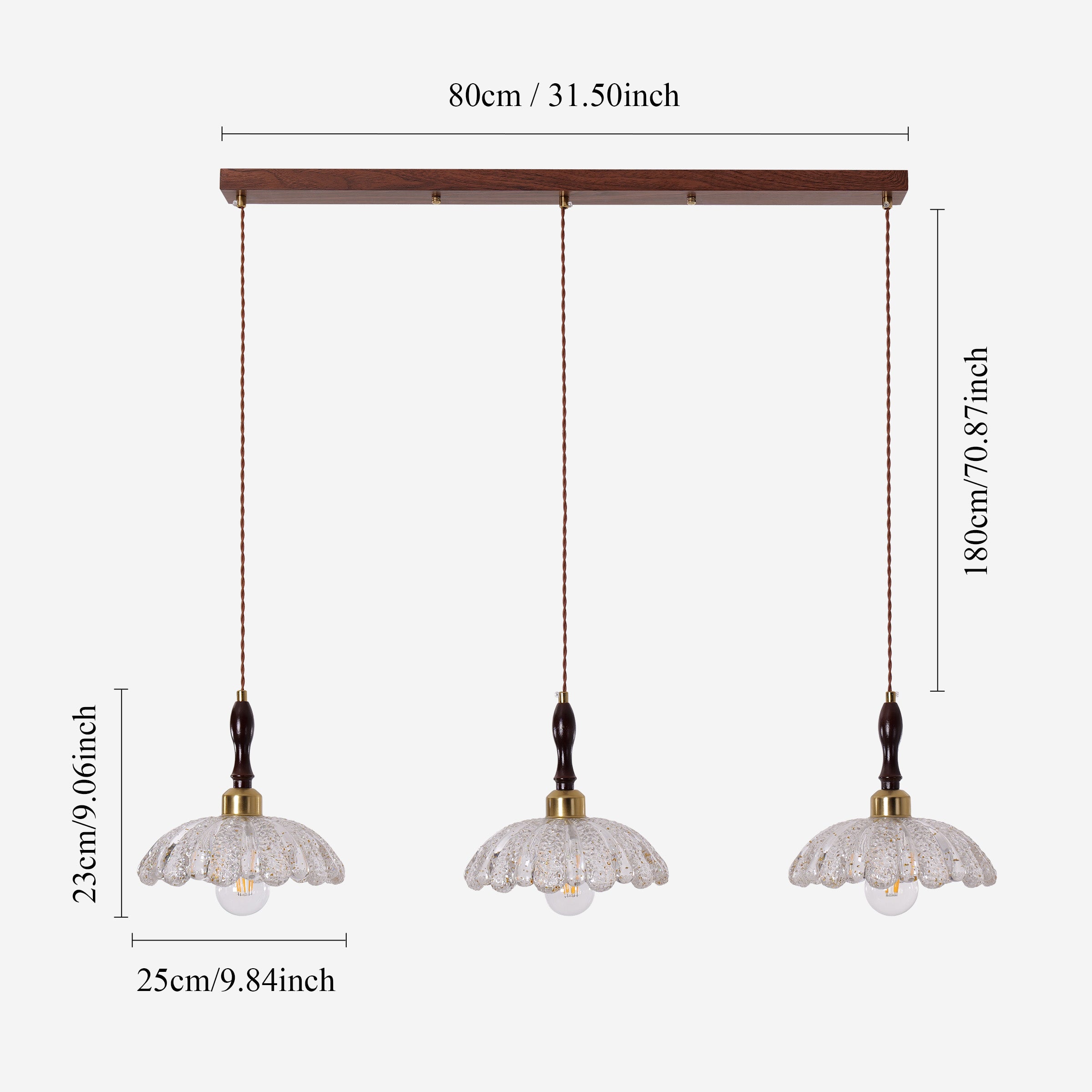 3-light walnut resin mini pendant with shade and canopy details