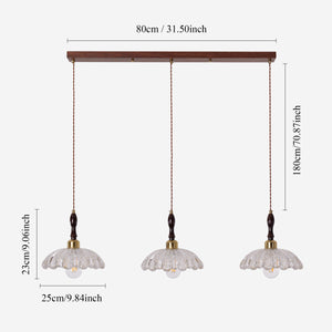 3-light walnut resin mini pendant with shade and canopy details