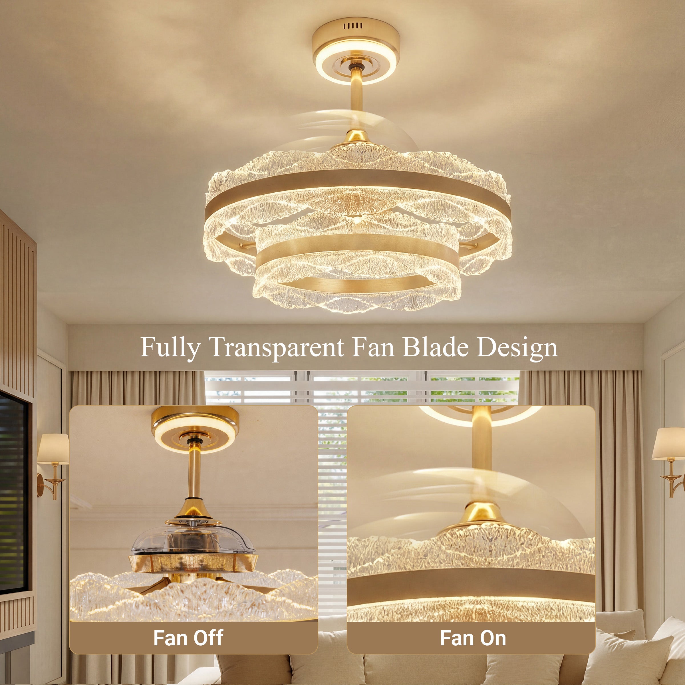 Transparent fan blade design with fan off and on comparison