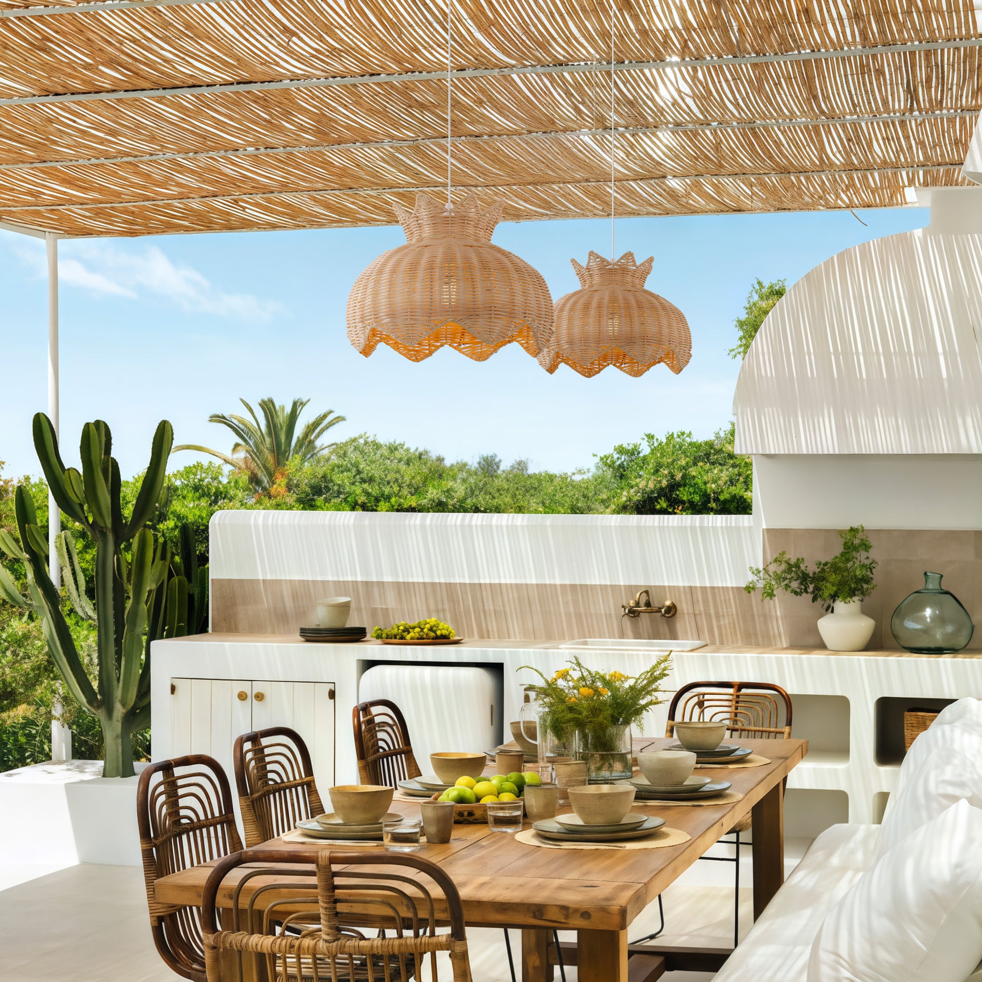 Handwoven Rattan Pendant Light Fitting Floral Inspired Design