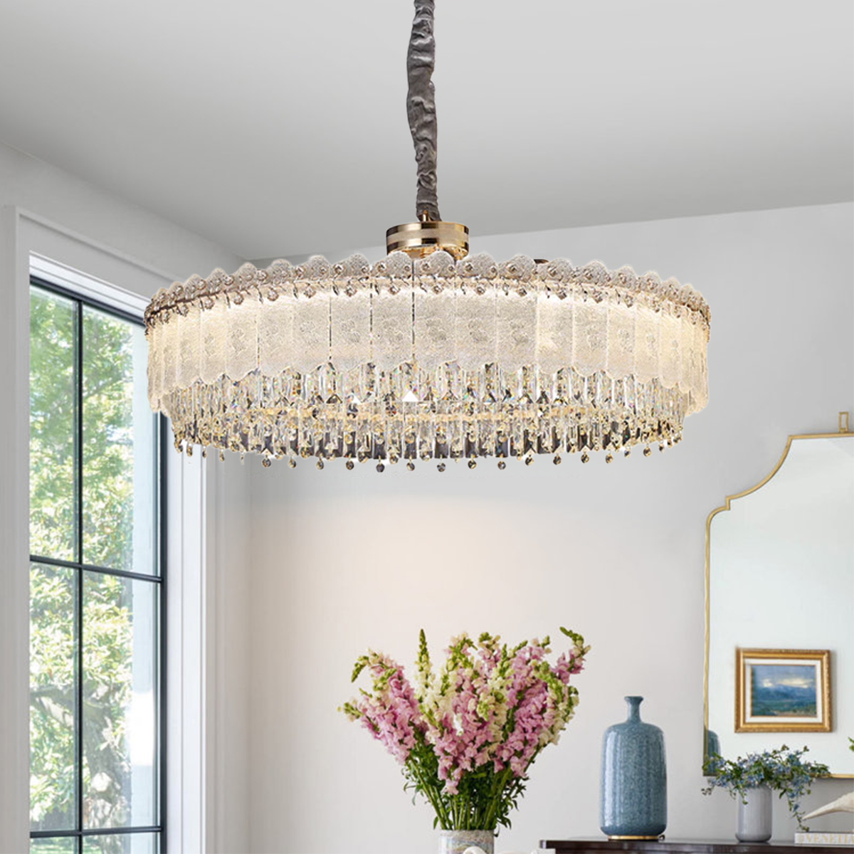 Contemporary Oval & Round Crystal Pendant Ceiling Light Dimmable Fixture