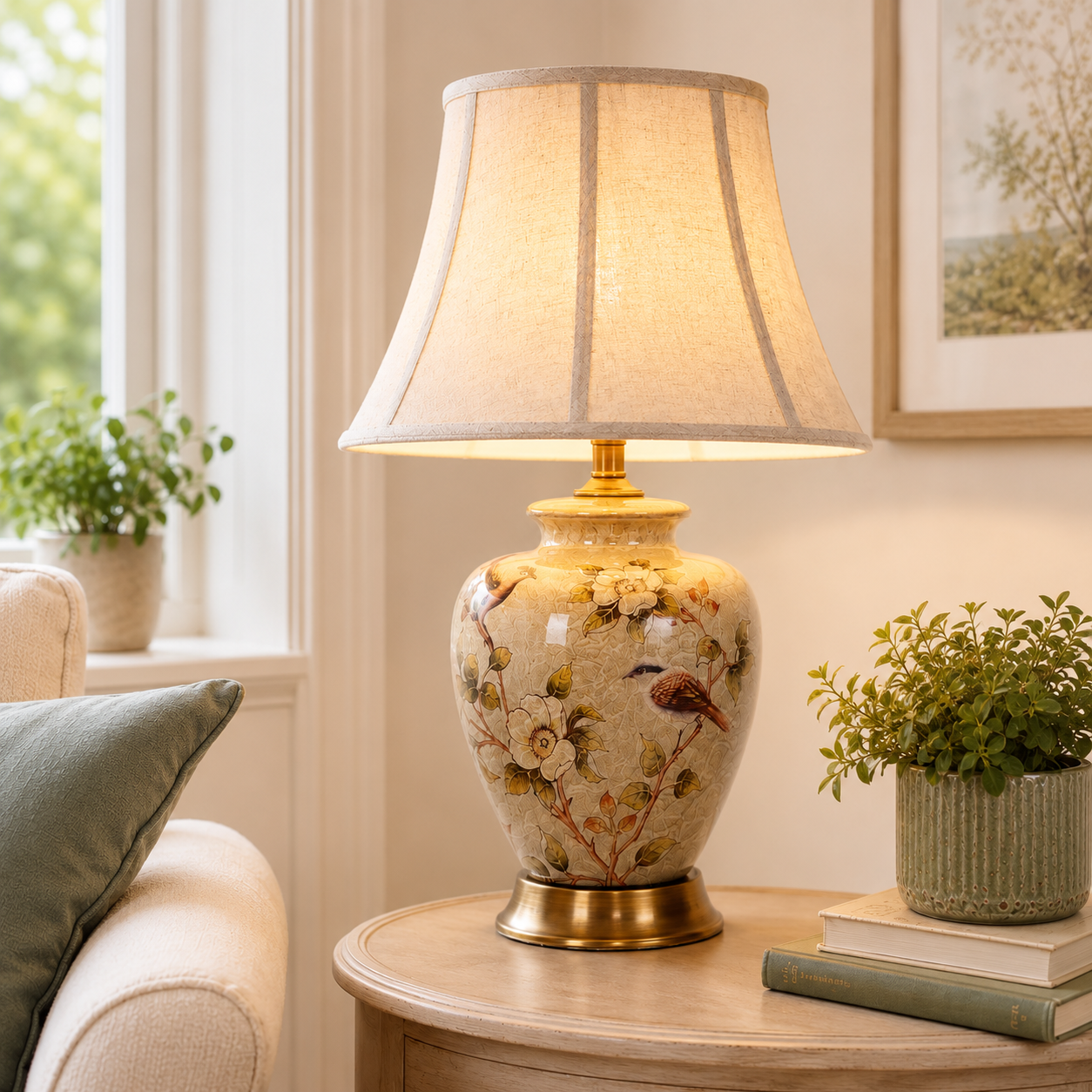 Vintage Ceramic Bird-Pattern Table Lamp – Hand-Painted, Brass Base with Fabric Shade for Living Room & Bedroom