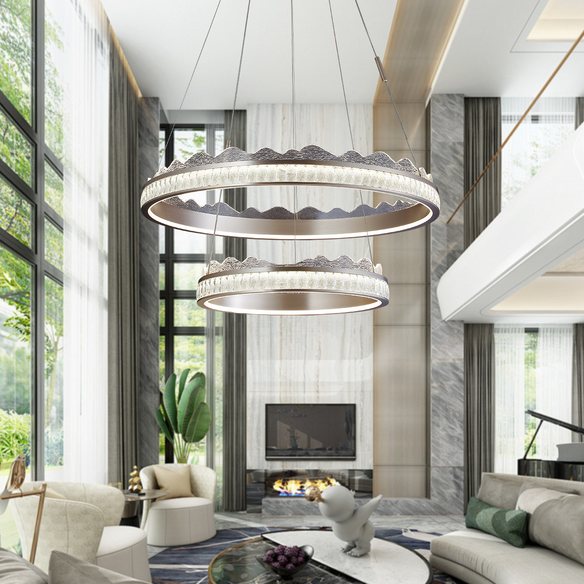 Golden Crystal Dual-Ring LED Pendant Light in Modern Aluminum Design