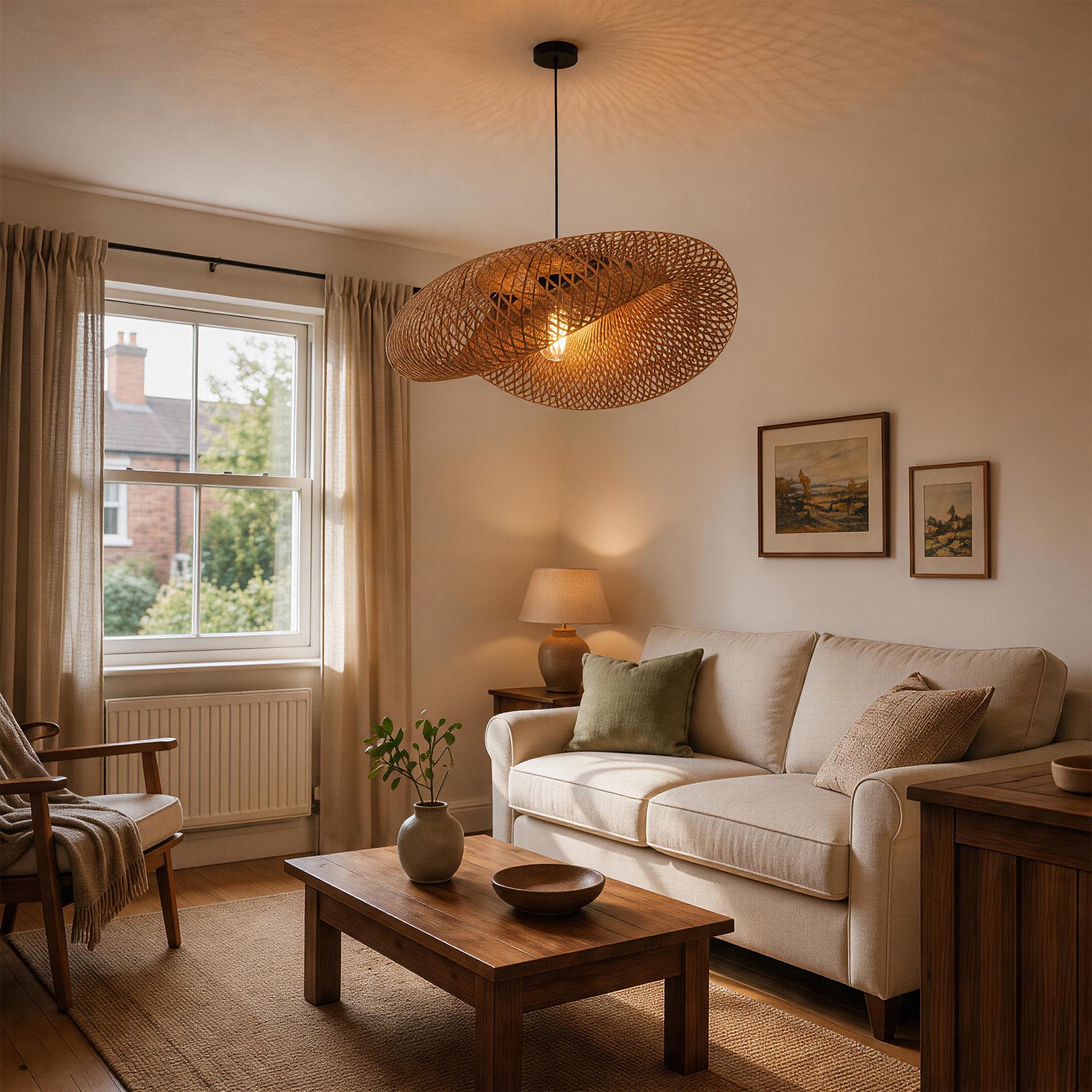 handmade bamboo pendant light over a compact living room seating area
