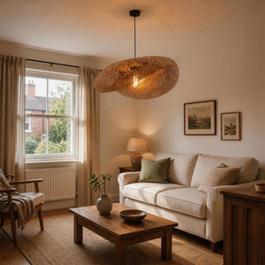 handmade bamboo pendant light over a compact living room seating area