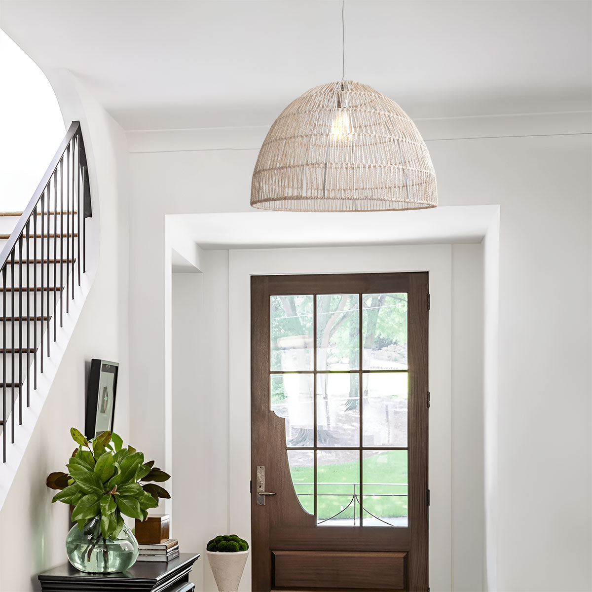 Handwoven Paper Rope Dome Pendant Light with Iron Frame