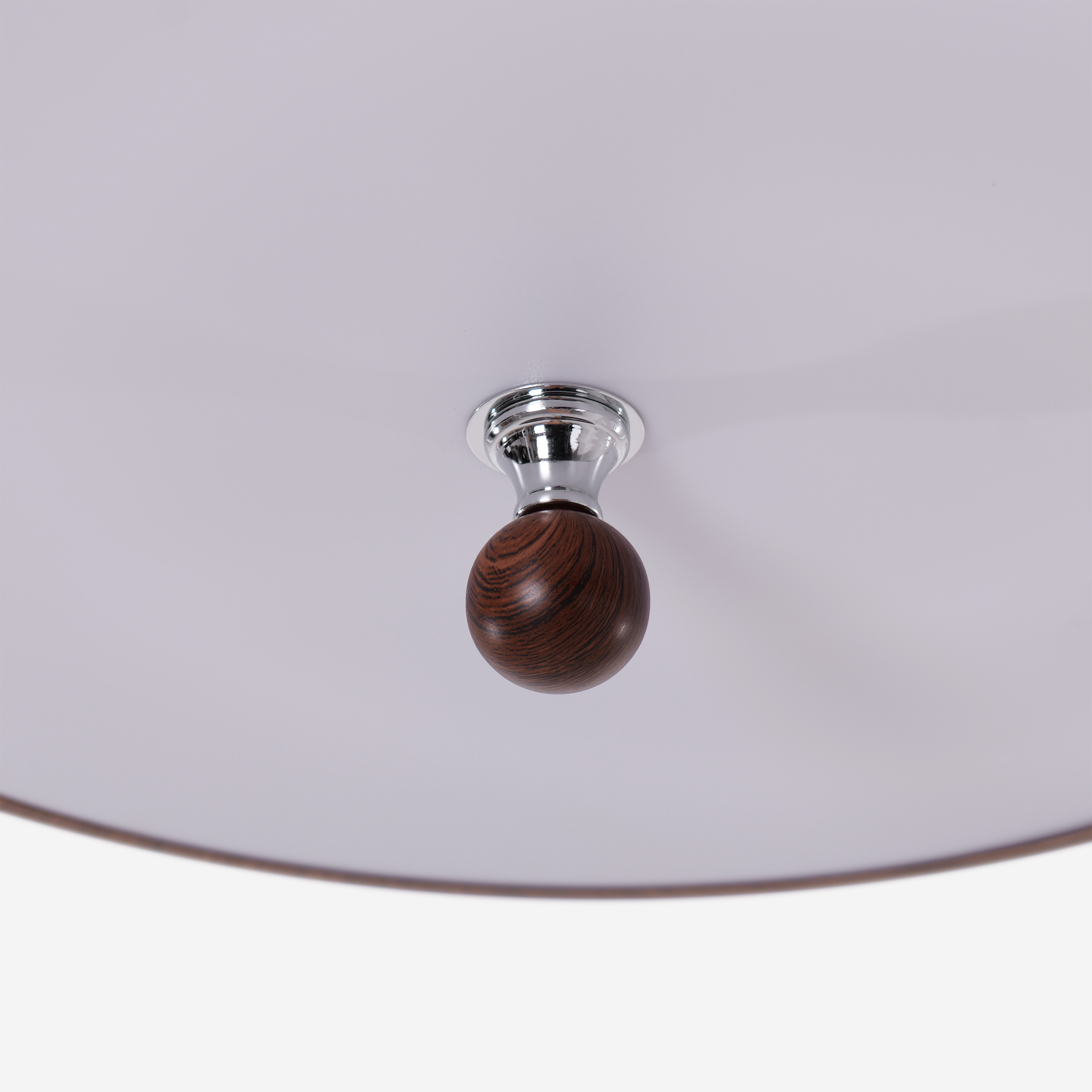 walnut two-globe flush ceiling light with a warm diffused glow