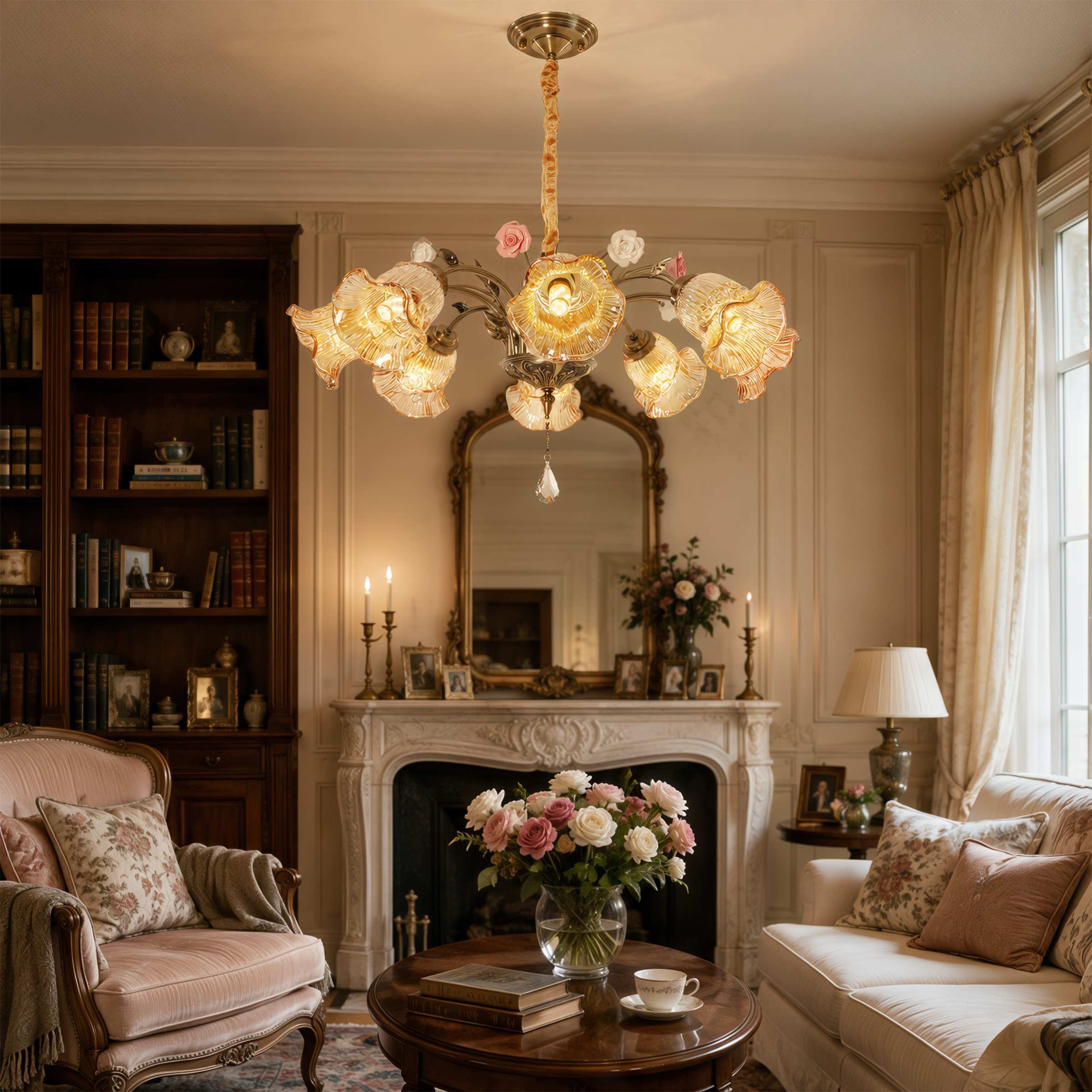 antique bronze chandelier with amber flower shades with close-up glass flower detail