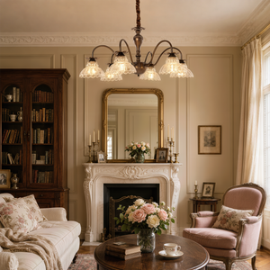 gold 6-light floral glass chandelier shown as a clean product view