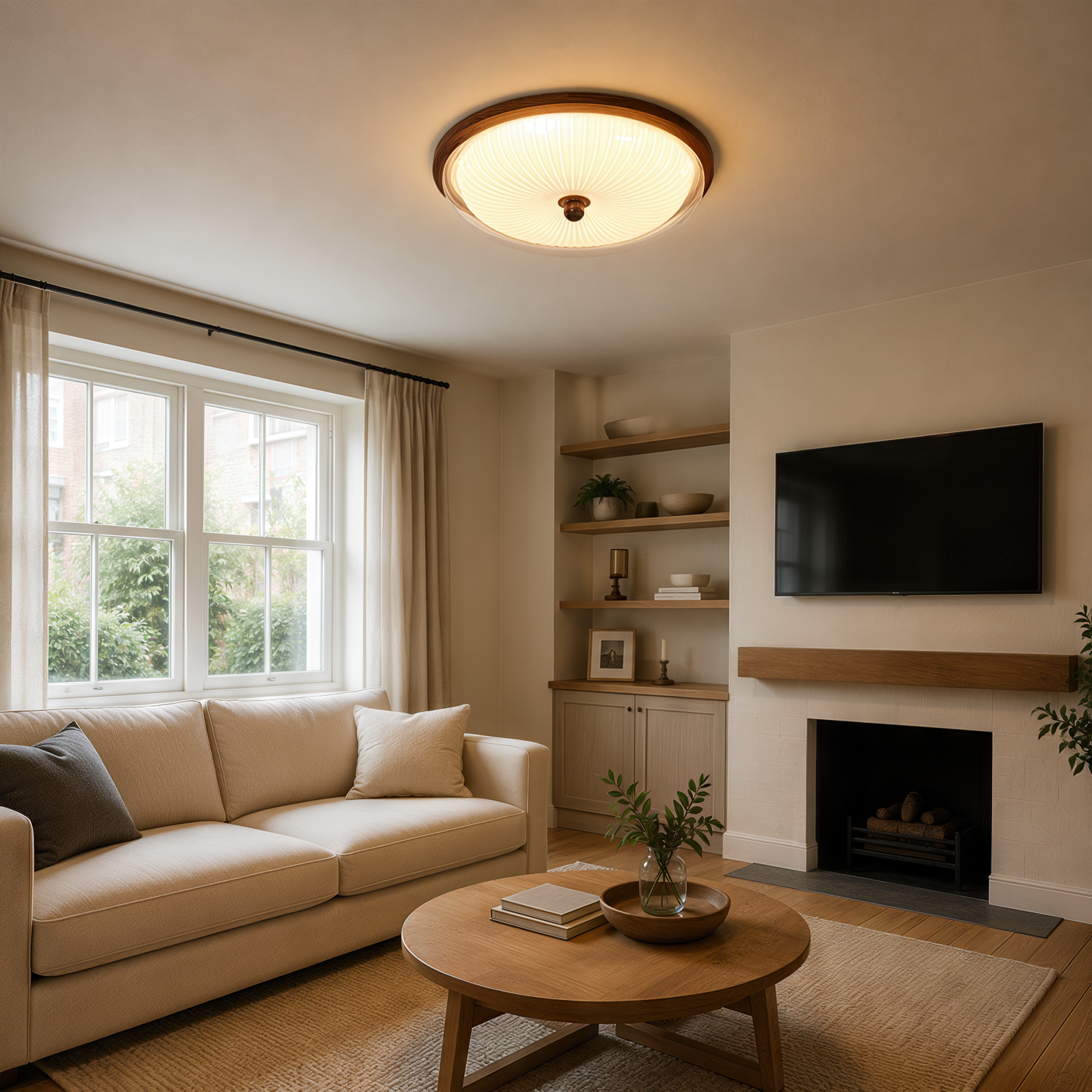 walnut ribbed acrylic ceiling light brightening a living room