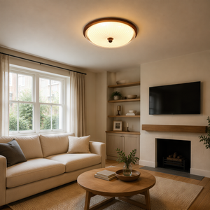 walnut ribbed acrylic ceiling light brightening a living room
