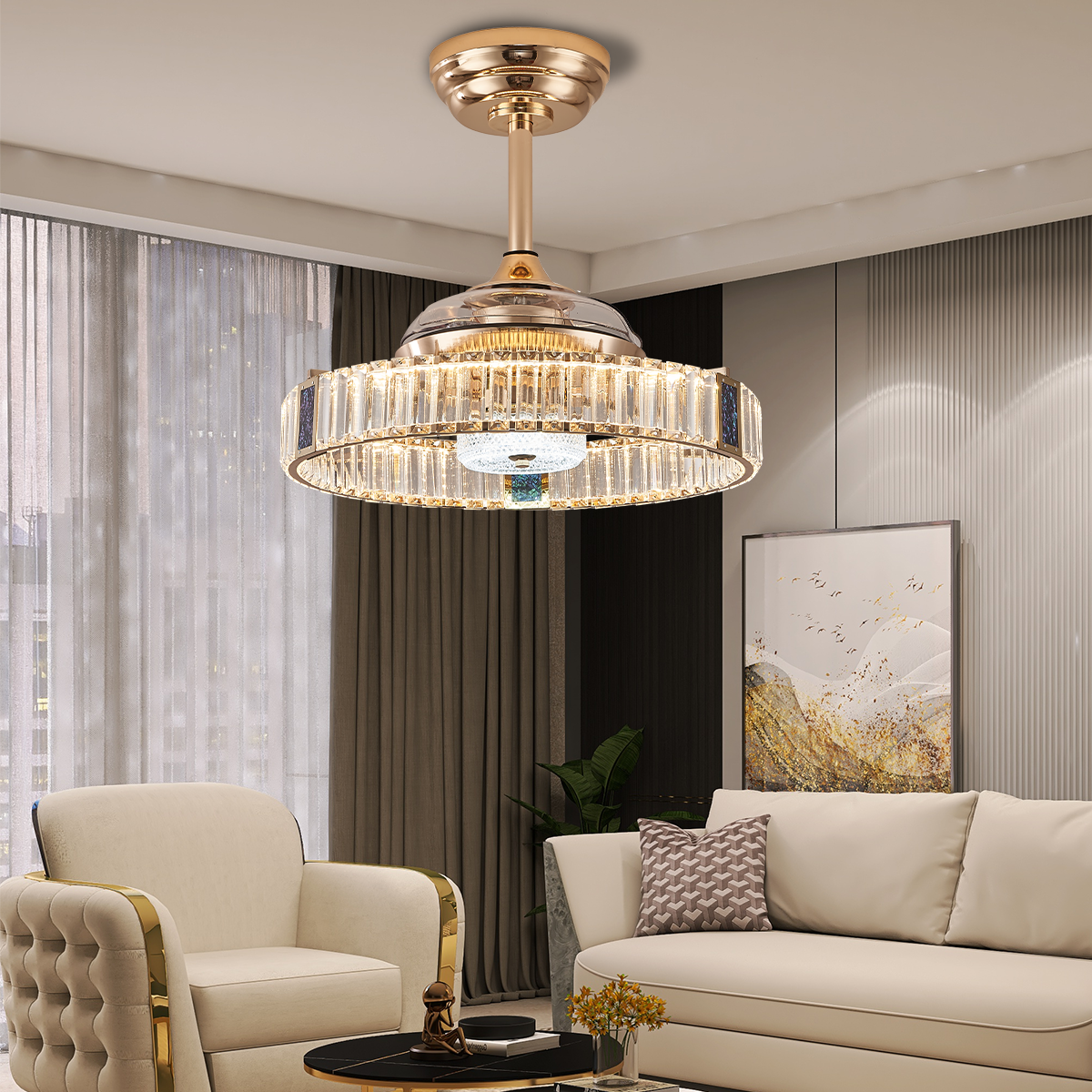 Elegant Gold Silent Ceiling Fan Lamp with Crystal Accent