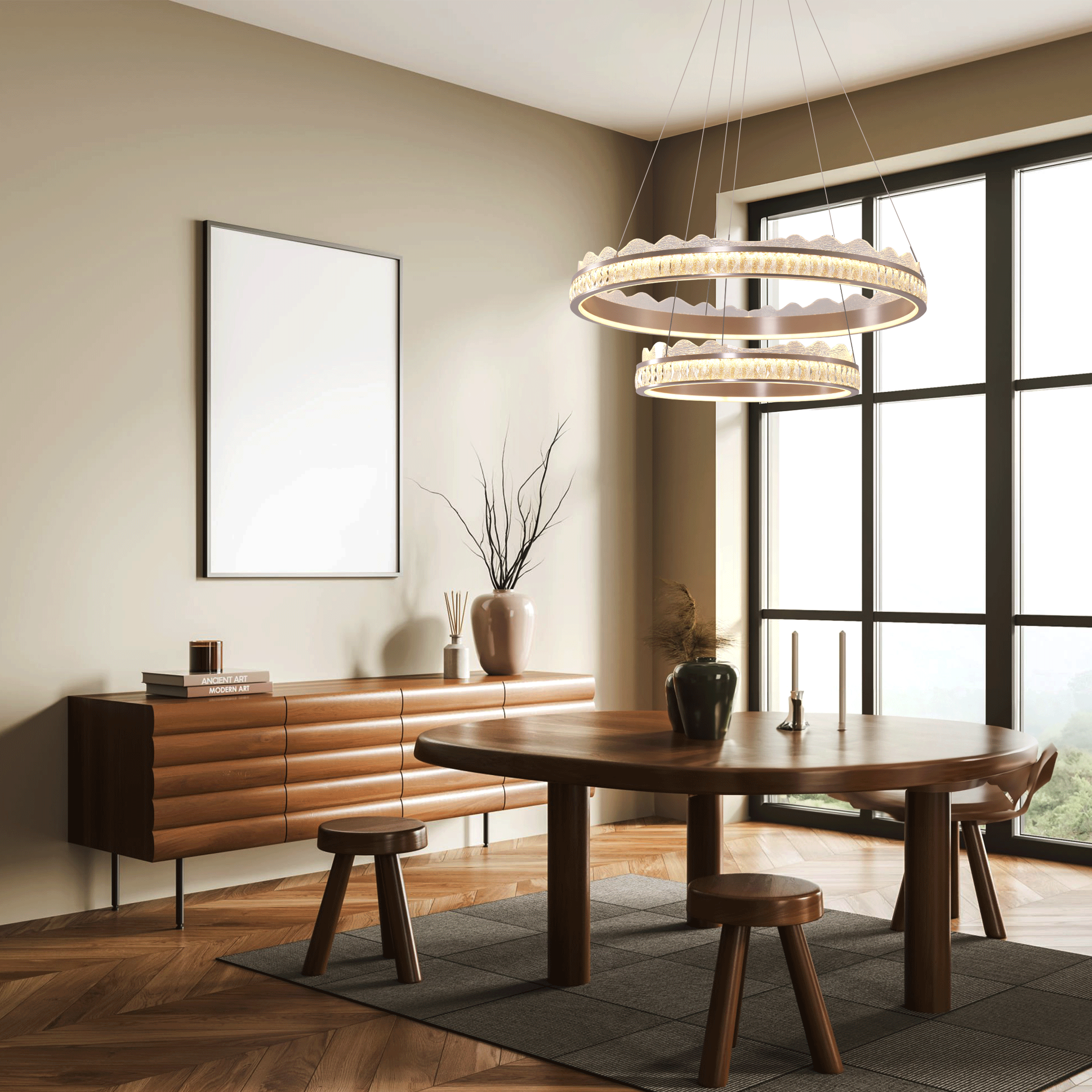 Golden Crystal Dual-Ring LED Pendant Light in Modern Aluminum Design