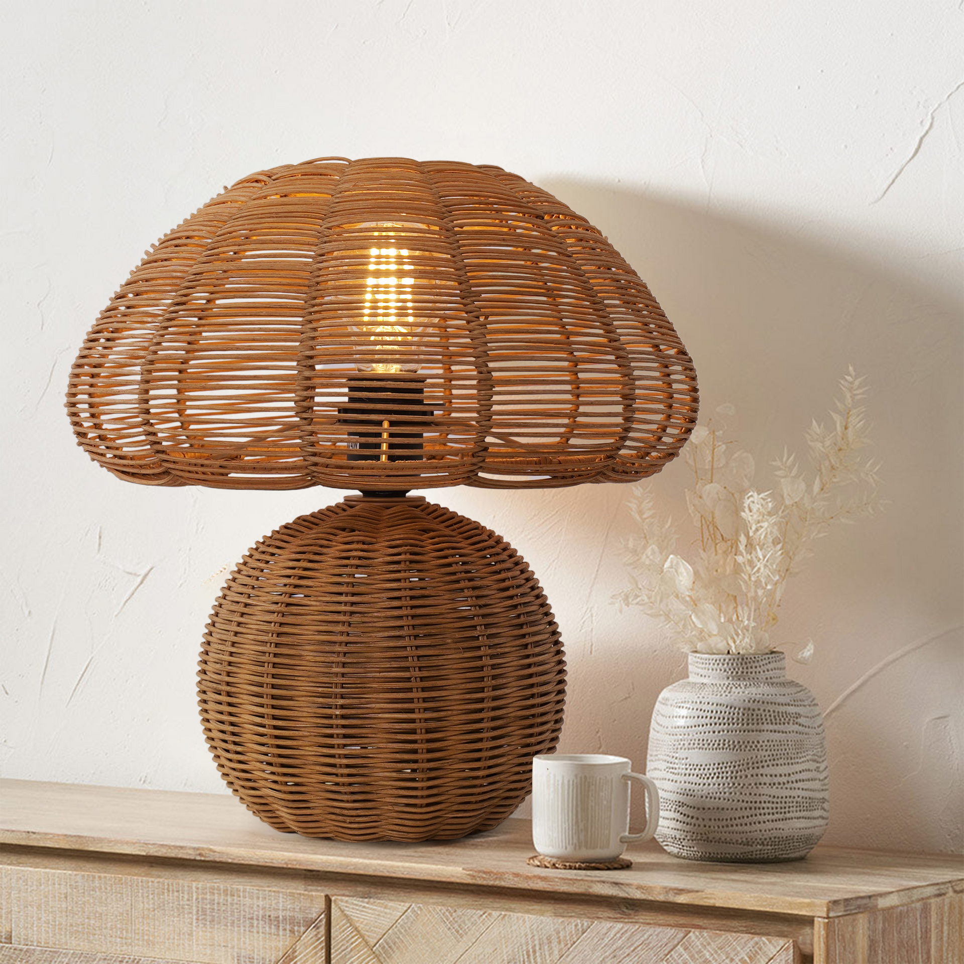 Mushroom Shaped HandcraftedRattan Table Lamp Bedroom & Living Room