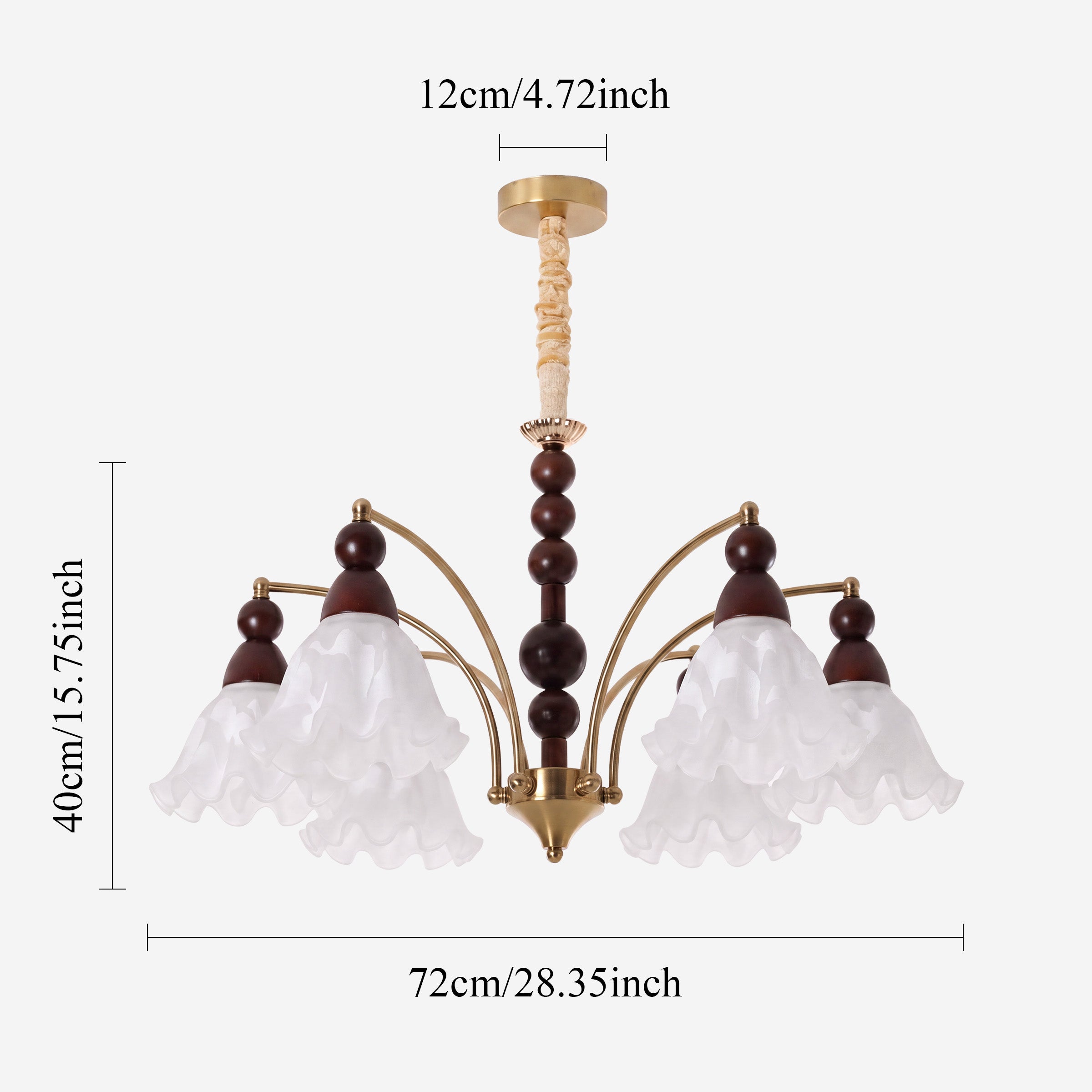 6-light chandelier with white glass shades with close-up glass flower detail