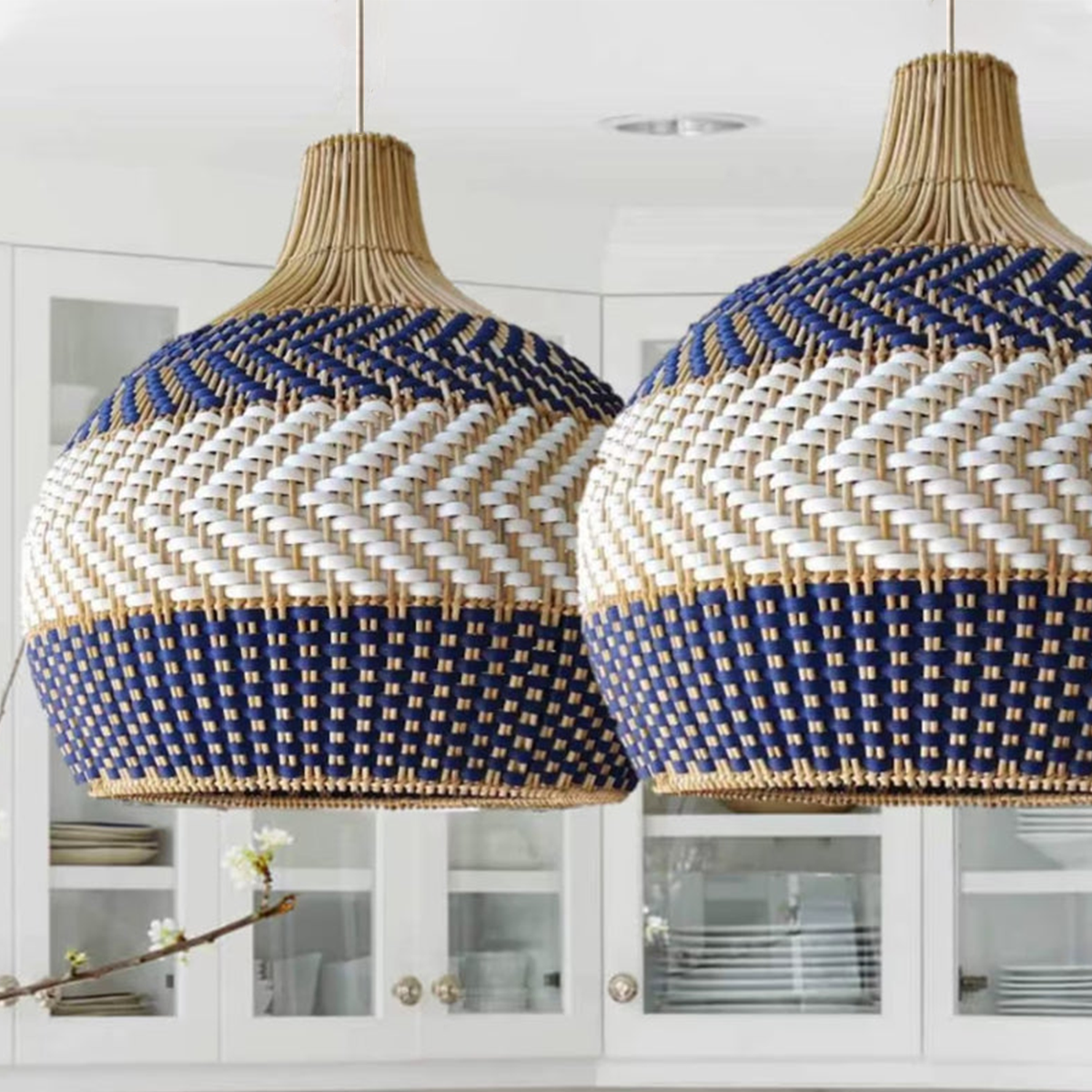 Handwoven Blue and White Rattan Pendant Light