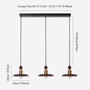 3-light walnut wood mini pendant with shade and canopy details