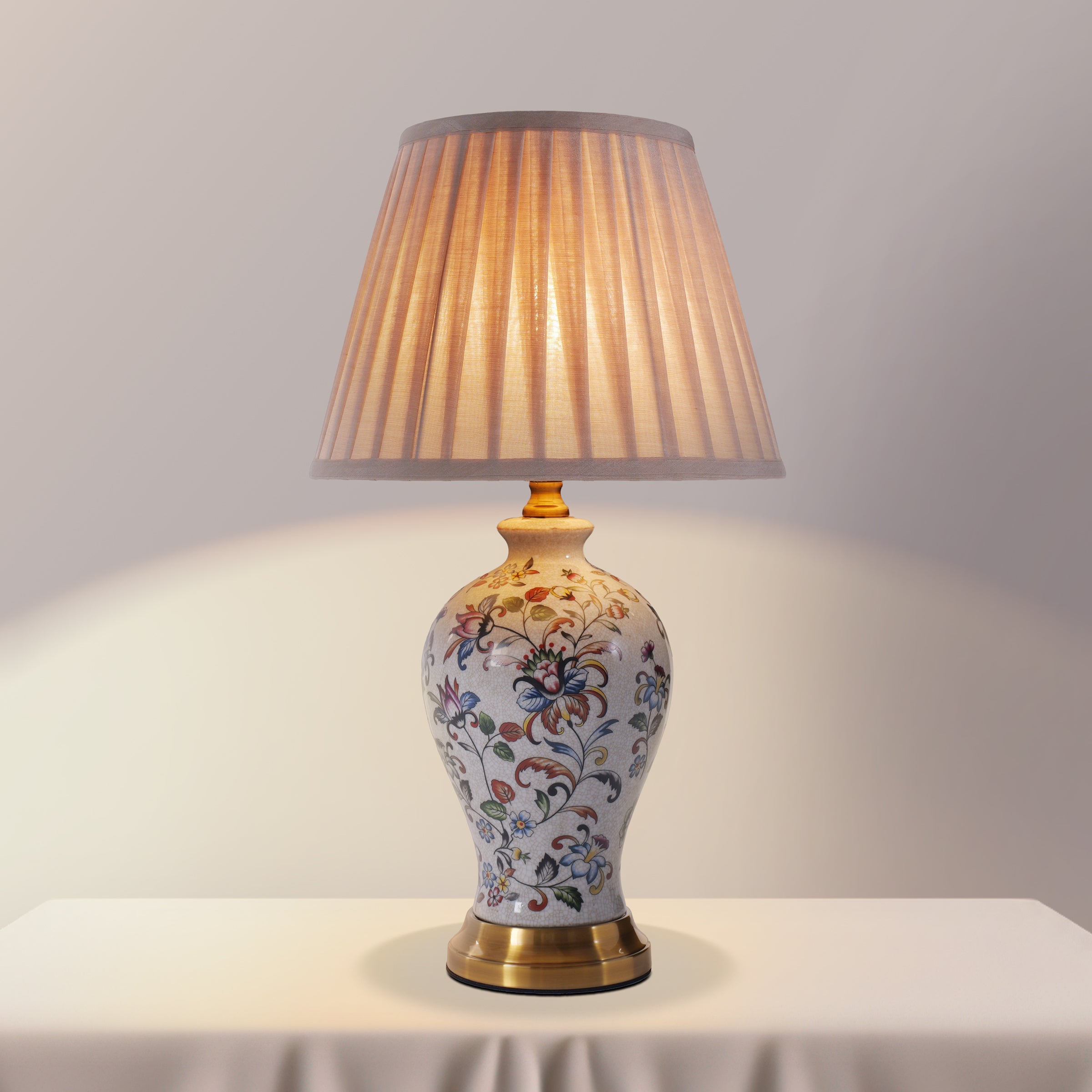 Chinoiserie Hand-Painted Porcelain Table Lamp with Pleated Linen Shade