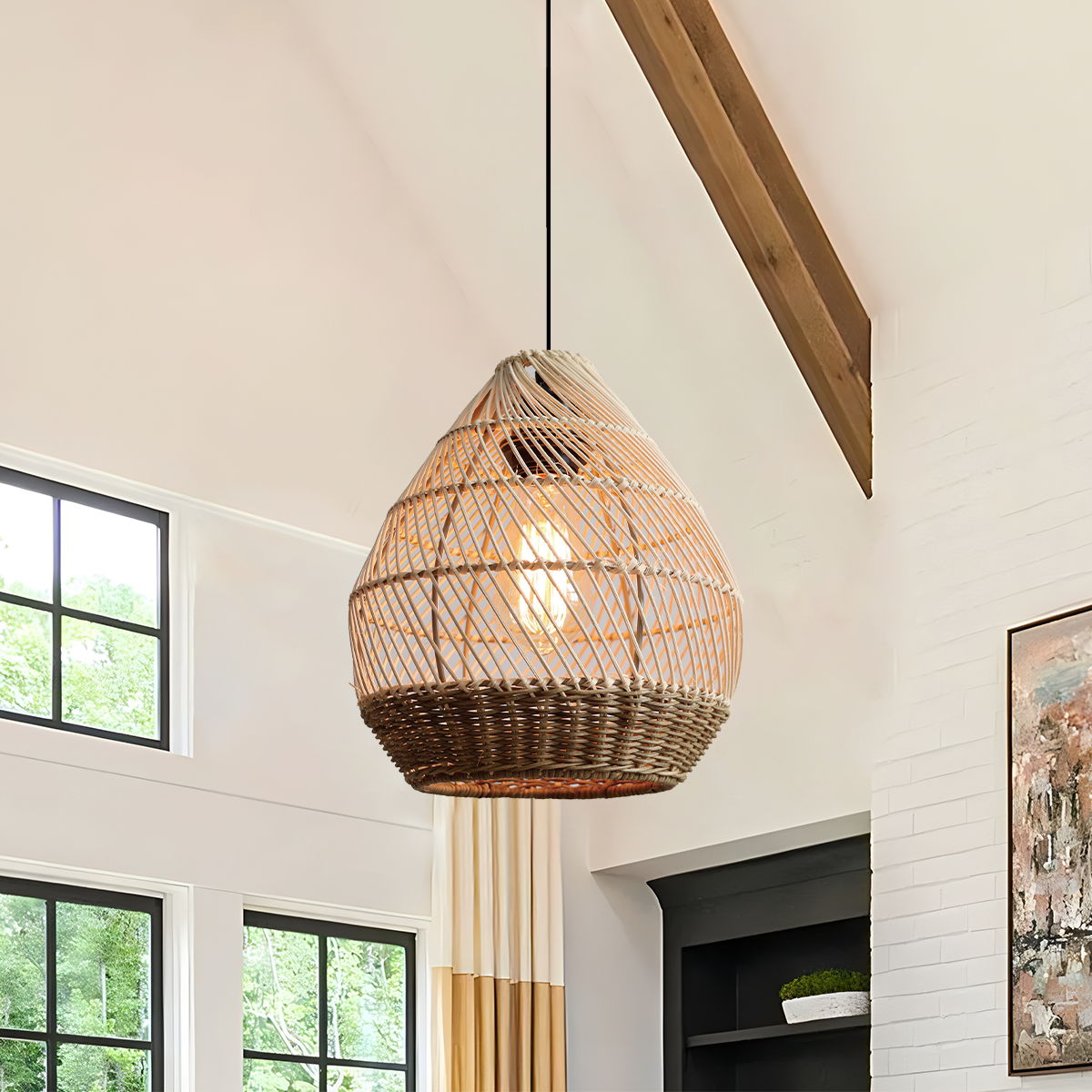 Handwoven Boho Teardrop Design Rattan Iron Pendant Light