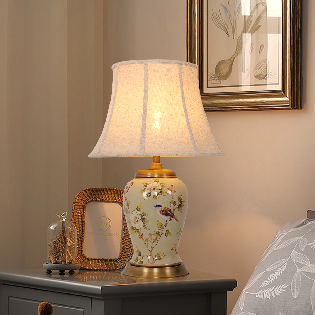 Vintage Camellia Ceramic Table Lamp with Copper Base and Fabric Shade