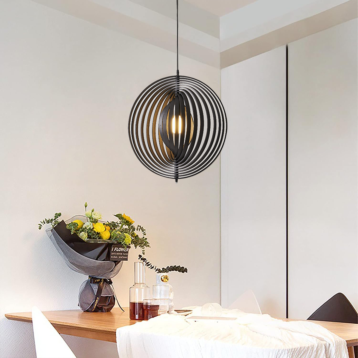 Rotating Circular Moon Wooden LED Pendant Light