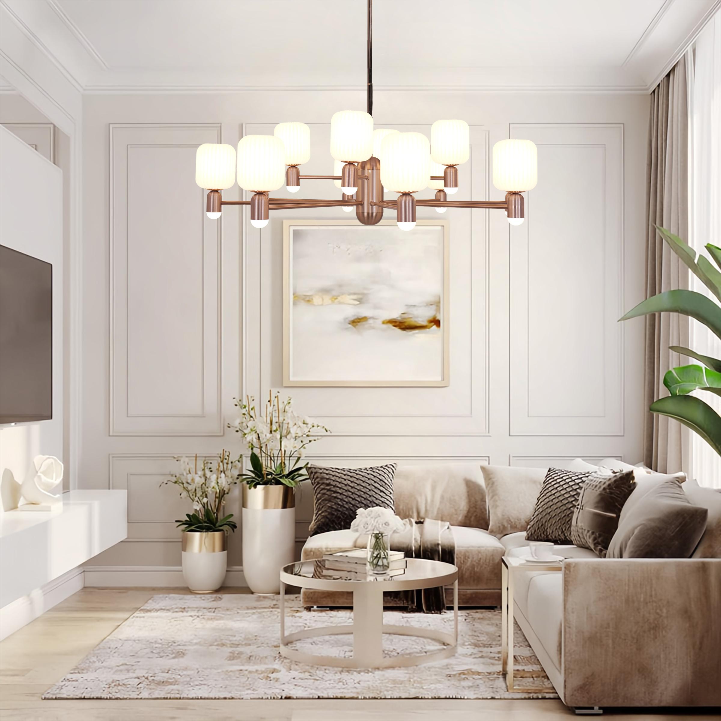 Mid-Century Bronze Chandelier with Acrylic Shades for Living Room