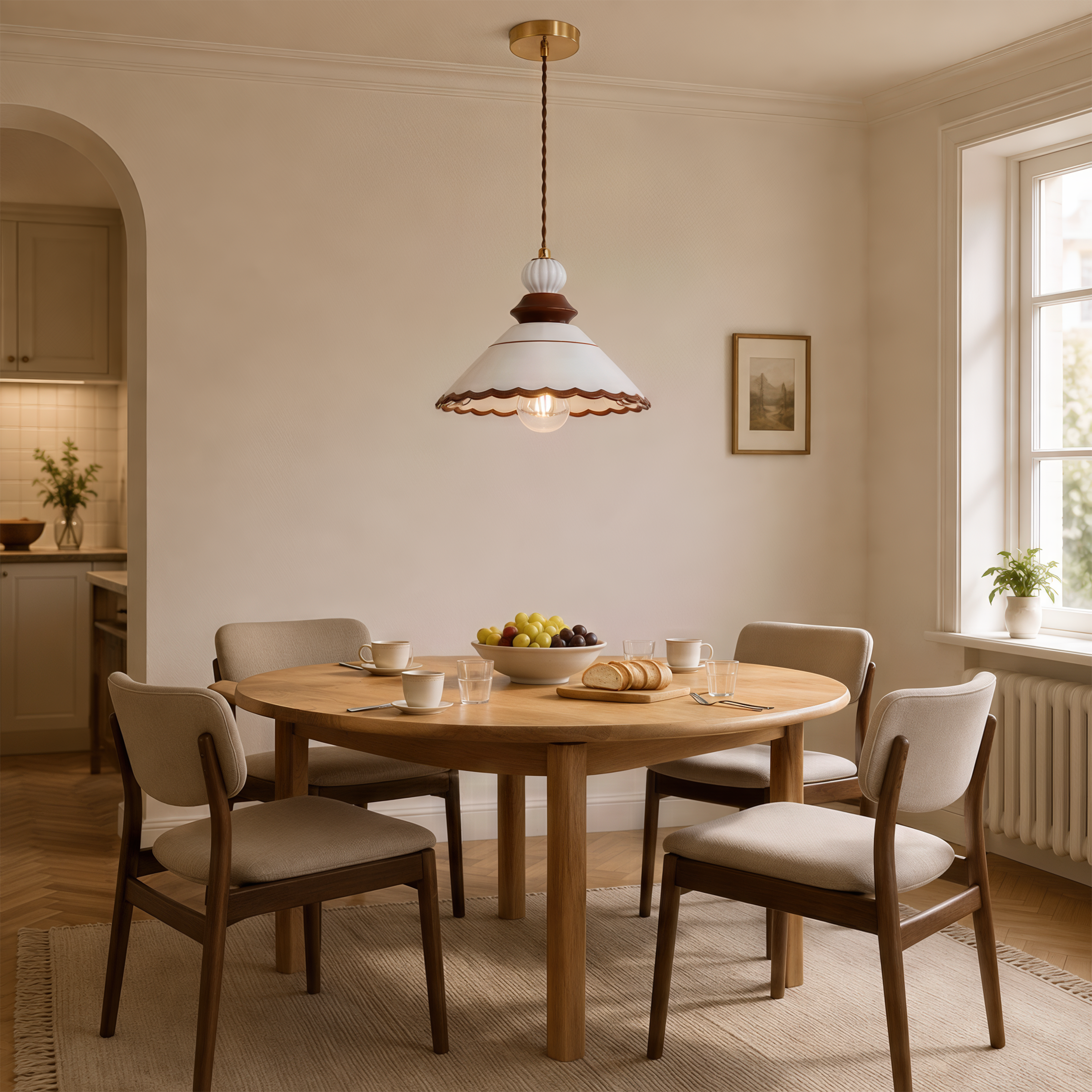 brown ceramic lace pendant light over a kitchen island