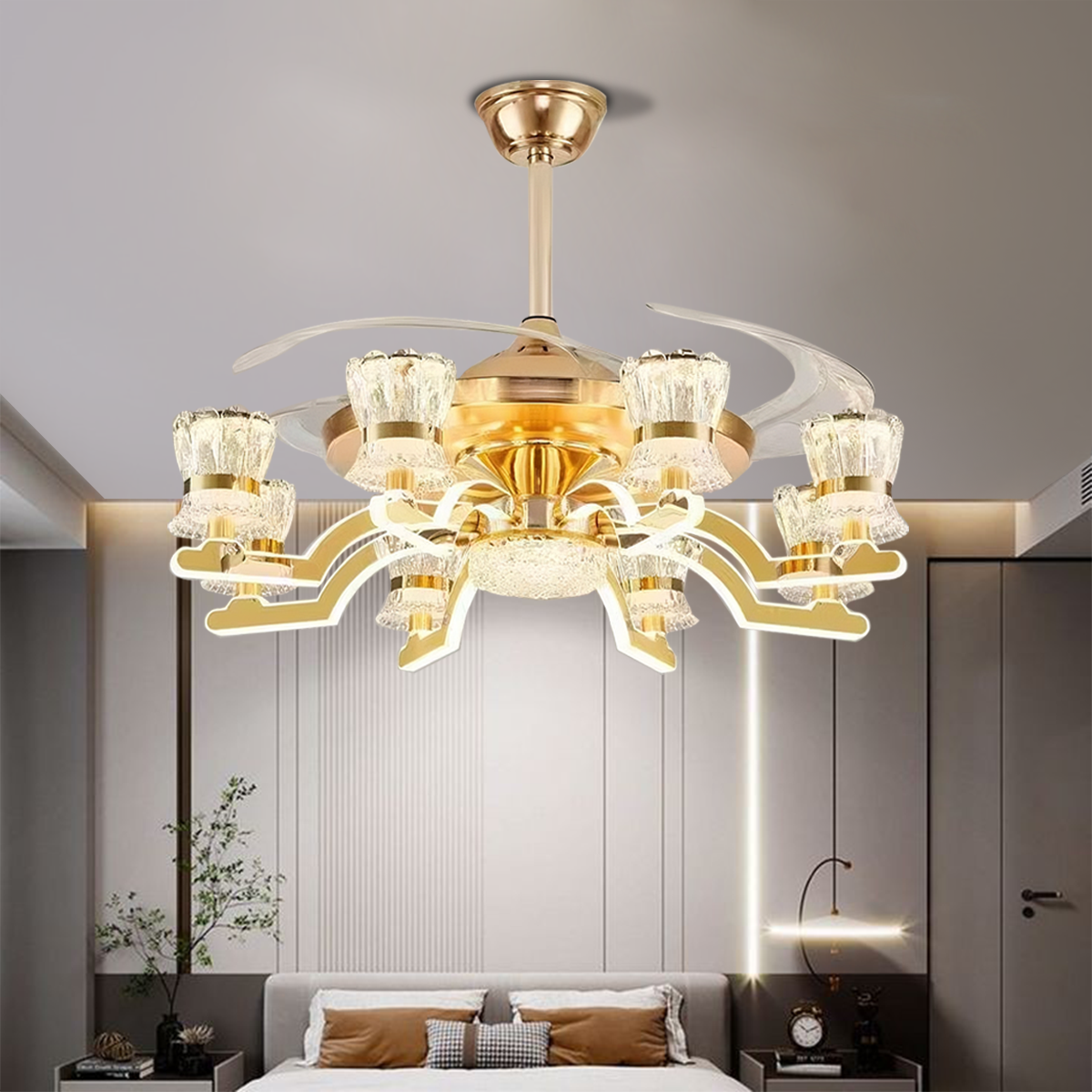 Elegant Gold Copper Crystal Fan Light