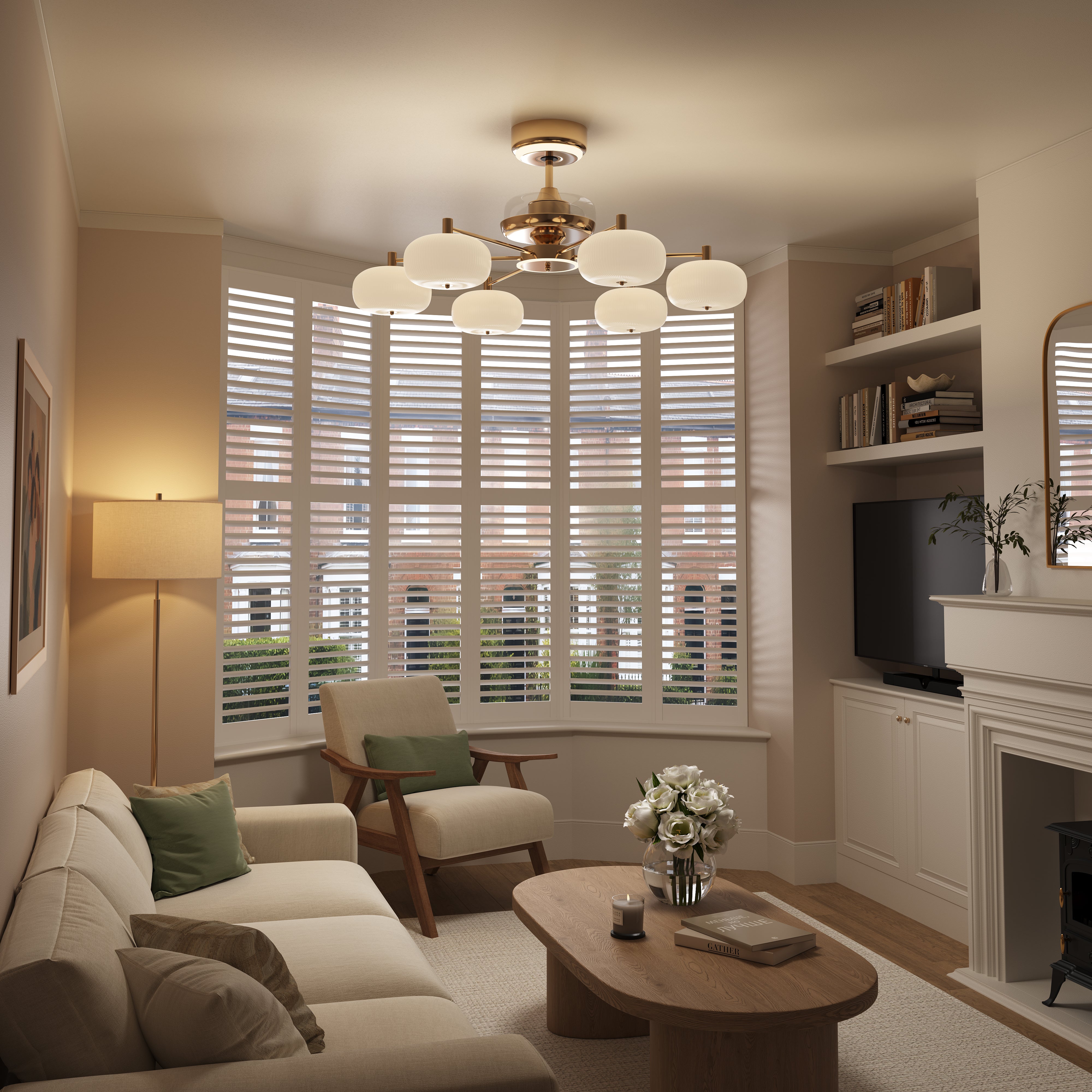 Copper acrylic ceiling fan light glowing softly in a modern living room