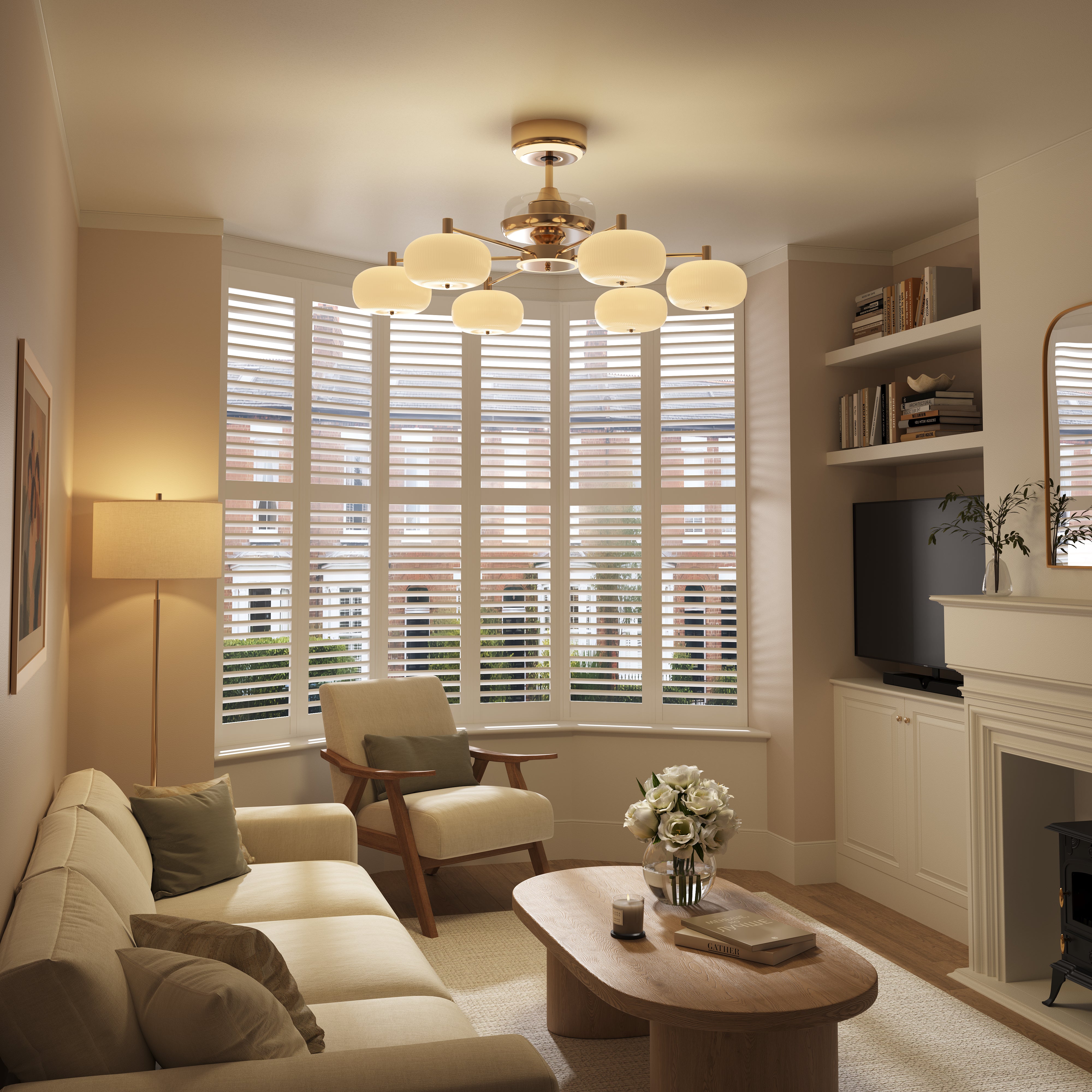 Copper acrylic ceiling fan light with warm glow in a cosy living room lounge