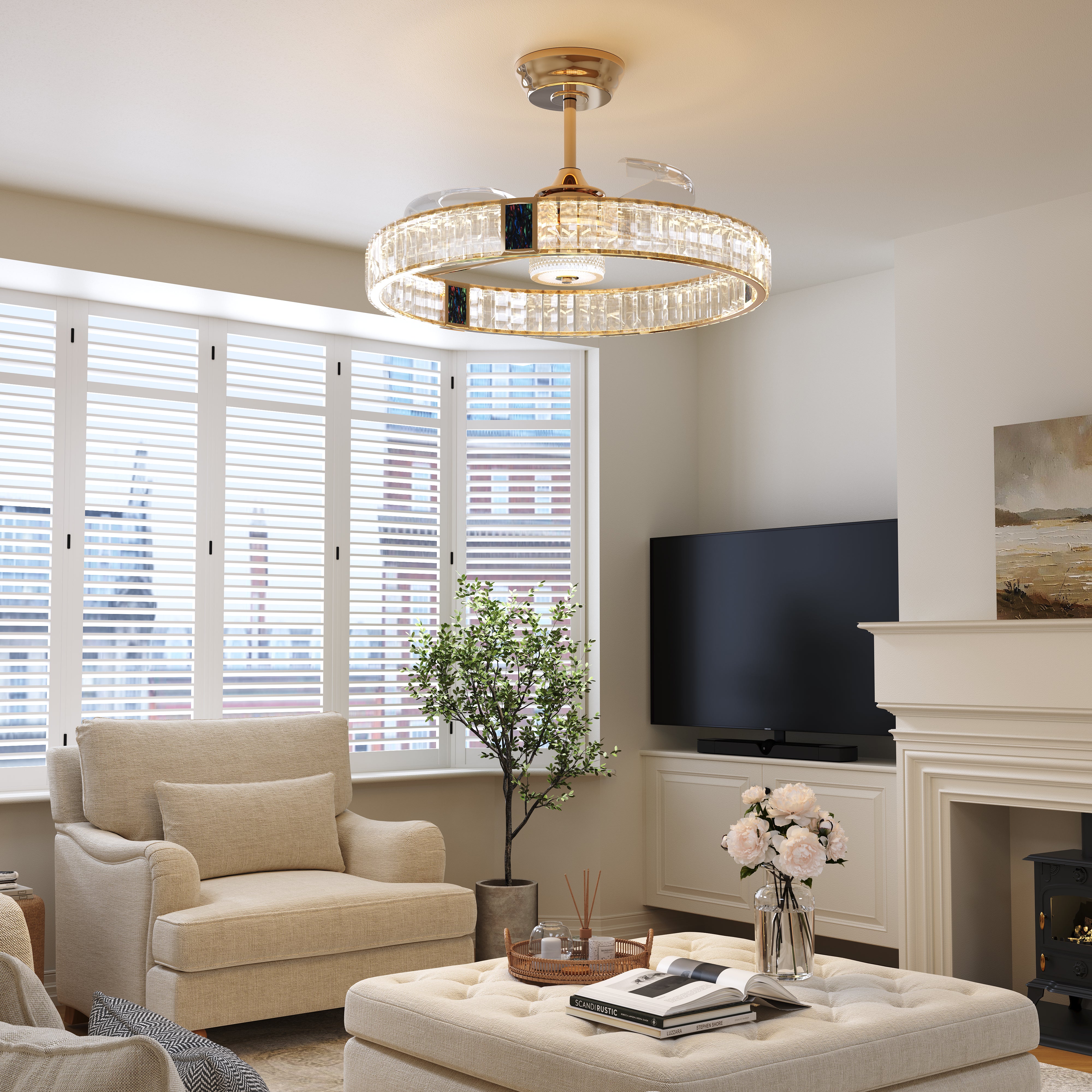 Gold crystal ceiling fan with LED light shown in a stylish bedroom interior