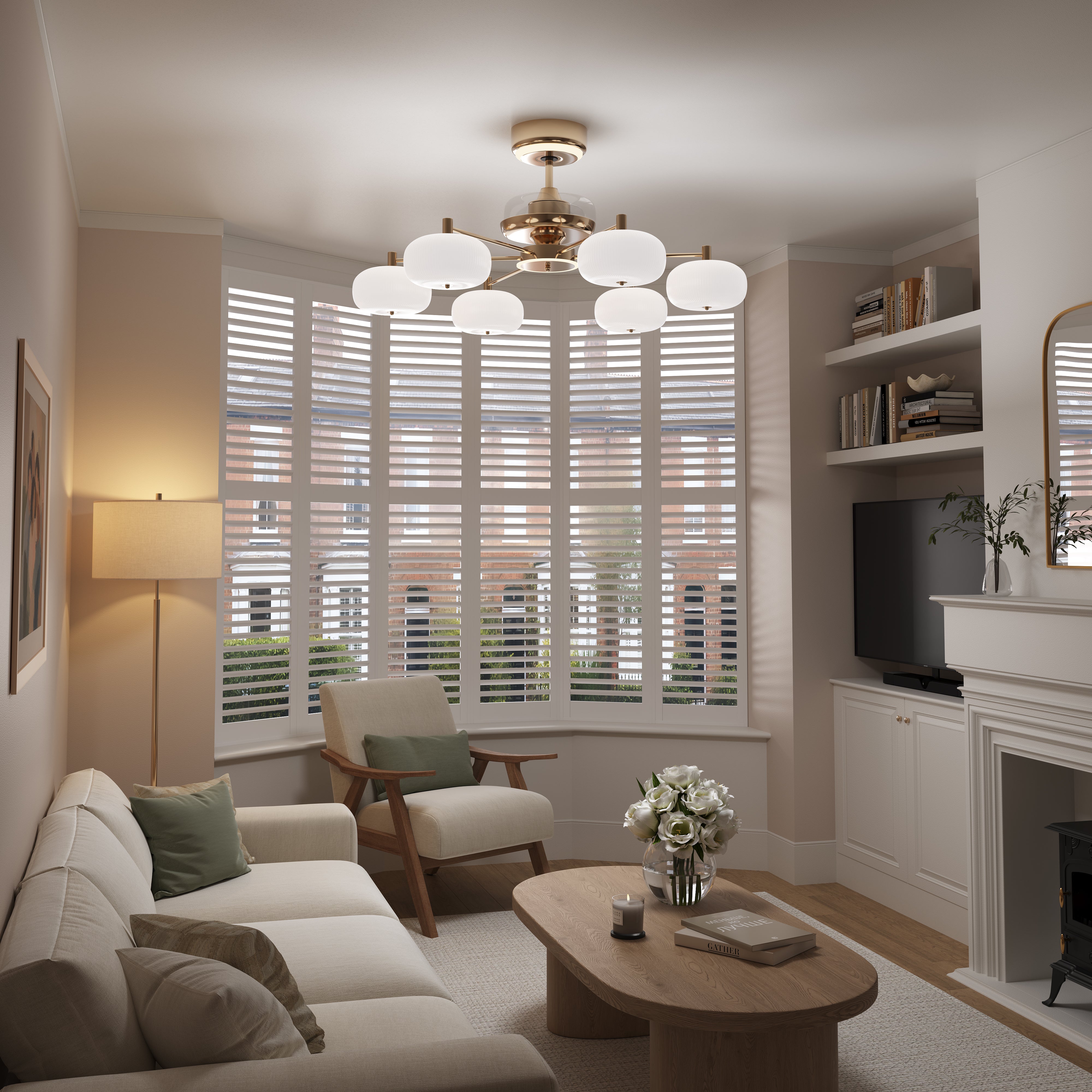 Copper acrylic ceiling fan light in bright living room with white shutter windows