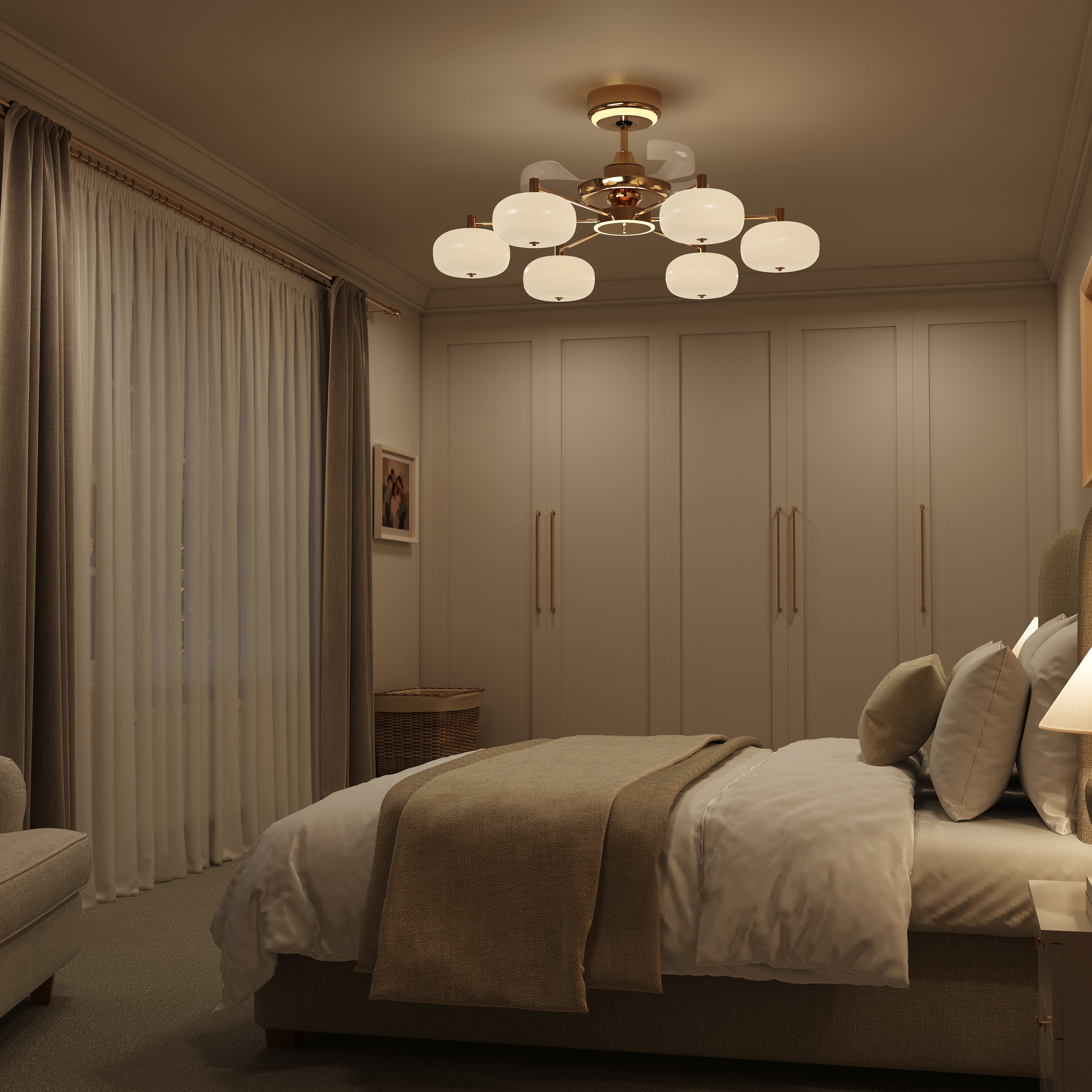 Copper acrylic ceiling fan light with soft warm glow over a beige bedroom