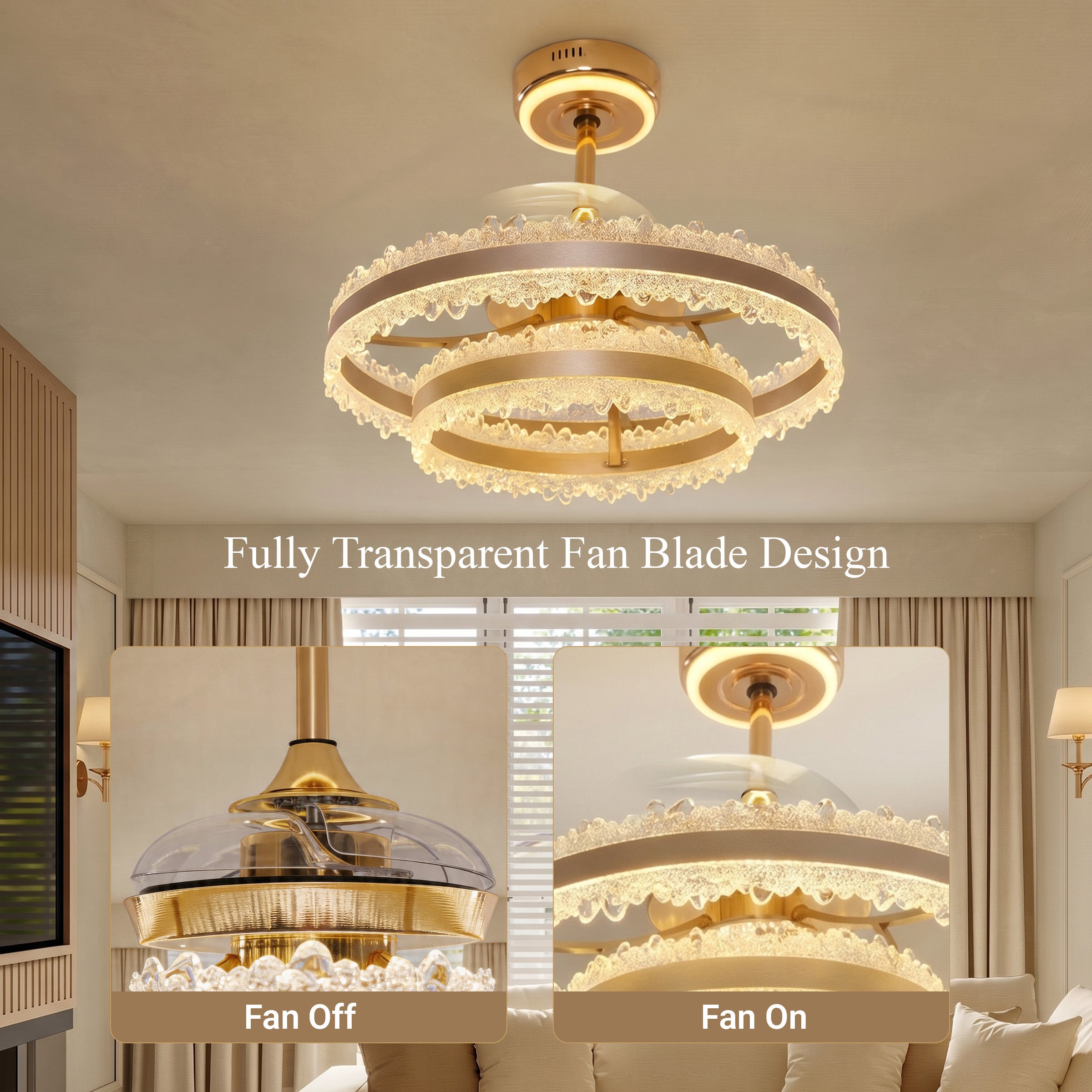 Transparent retractable fan blades shown open and closed on a gold halo ceiling light