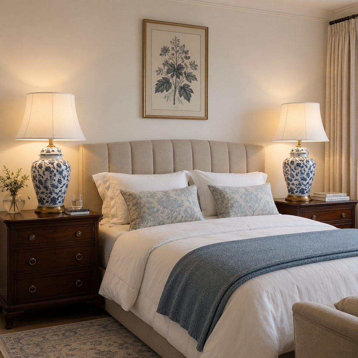 pair of blue floral ceramic table lamps on bedside tables in a calm bedroom