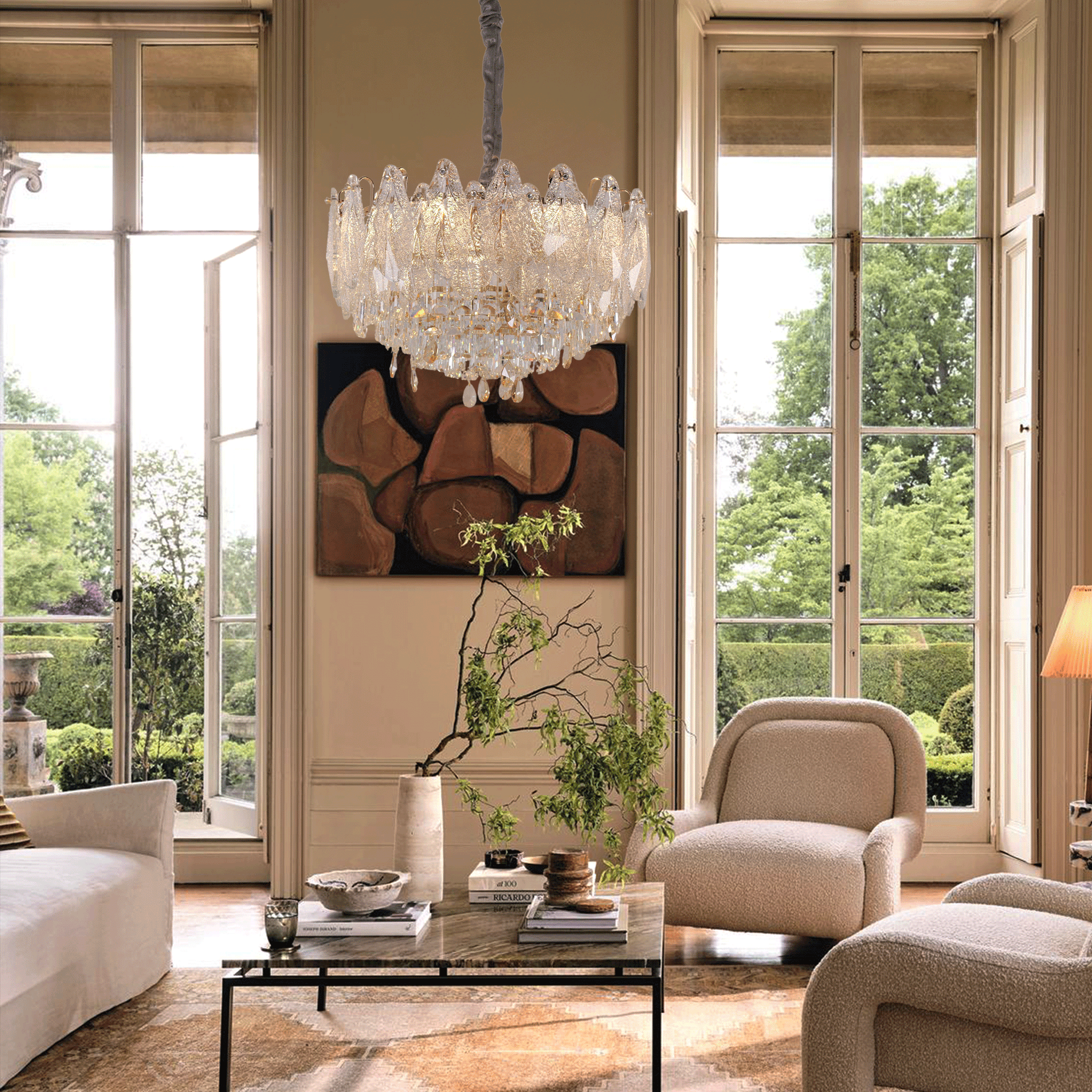 Arvia Champagne Crystal Modern Chandelier Lights Living Room