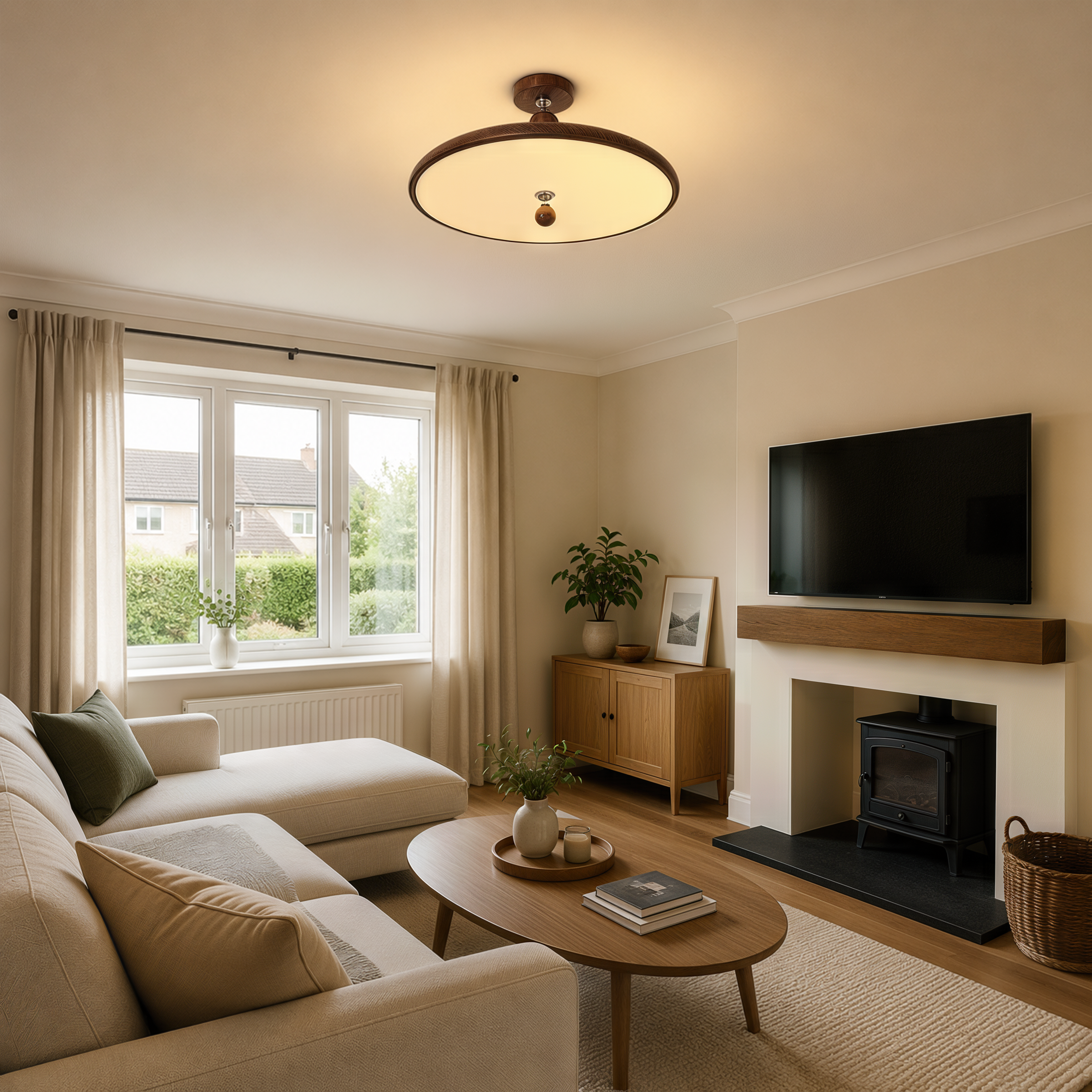 walnut two-globe flush ceiling light in a hallway with neat flush fit