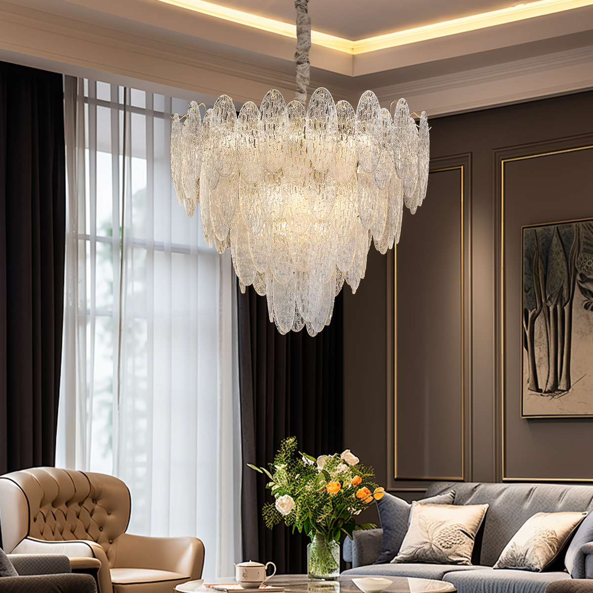 Elegant Layered Design Champagne Gold Luxury Glass Chandelier