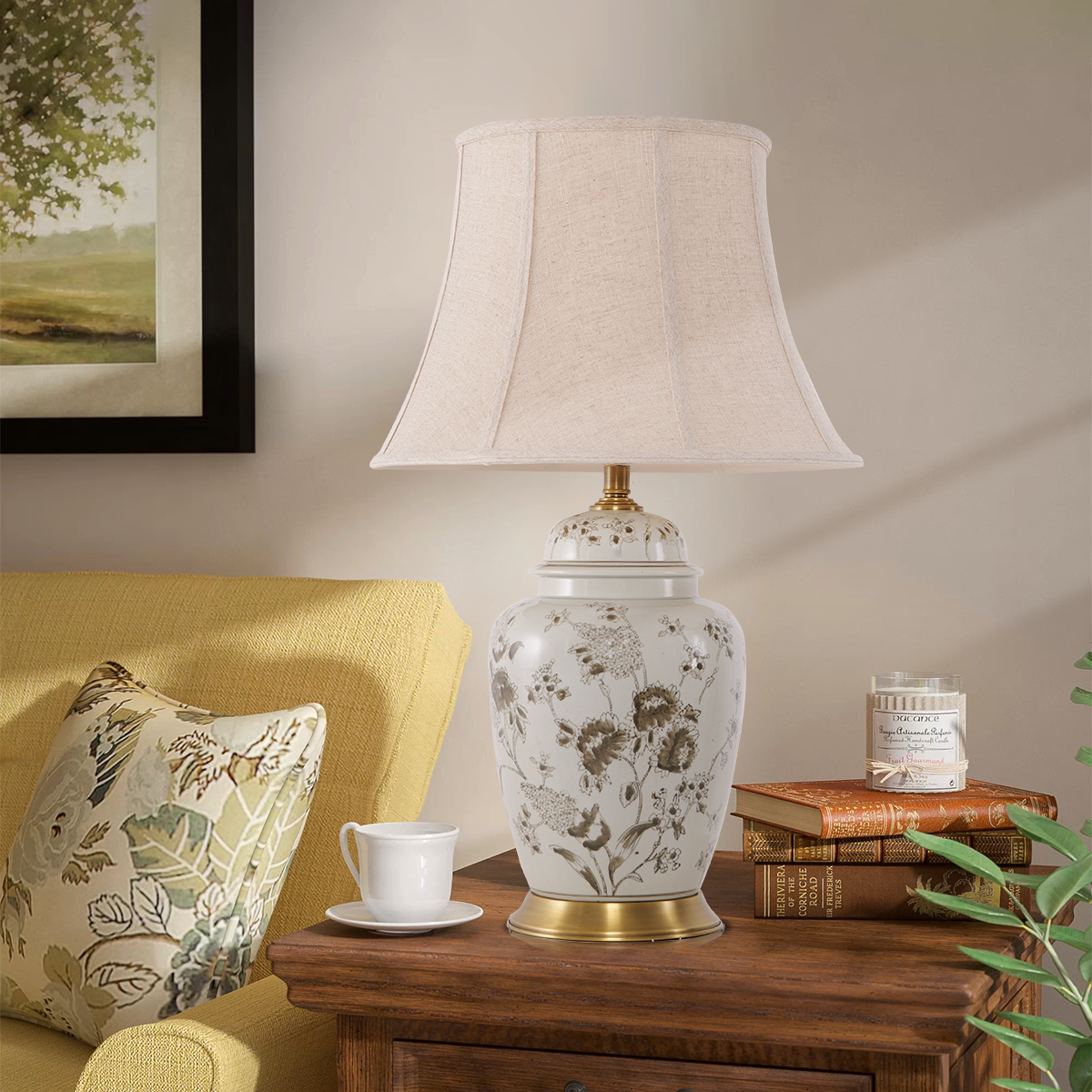 Chrysanthemum Ceramic and Copper Table Lamp with Fabric Shade