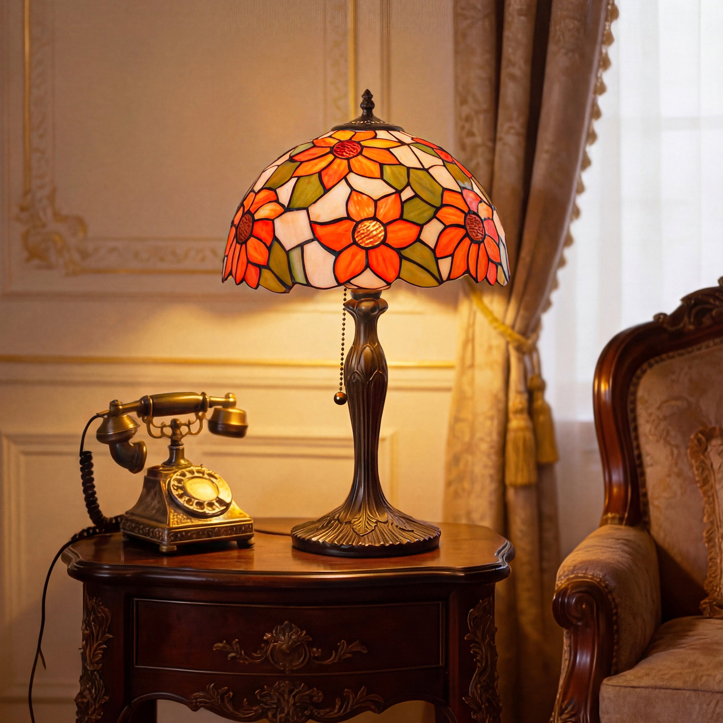 Tiffany Table Lamp | Handcrafted Stained Glass Floral Petals Series White and Green