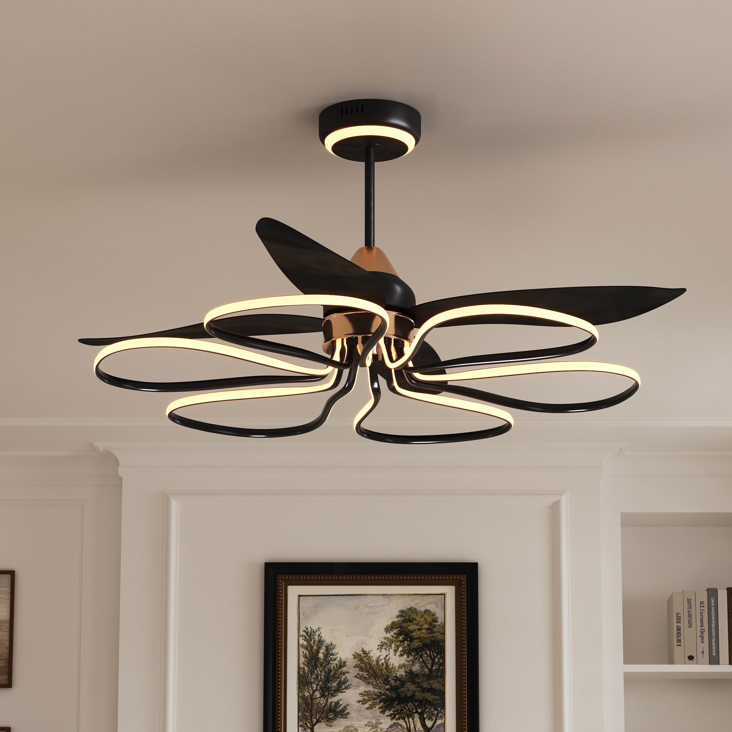 36-inch Black Modern Petal LED Ceiling Fan with Light - 6-Speed with Remote Control