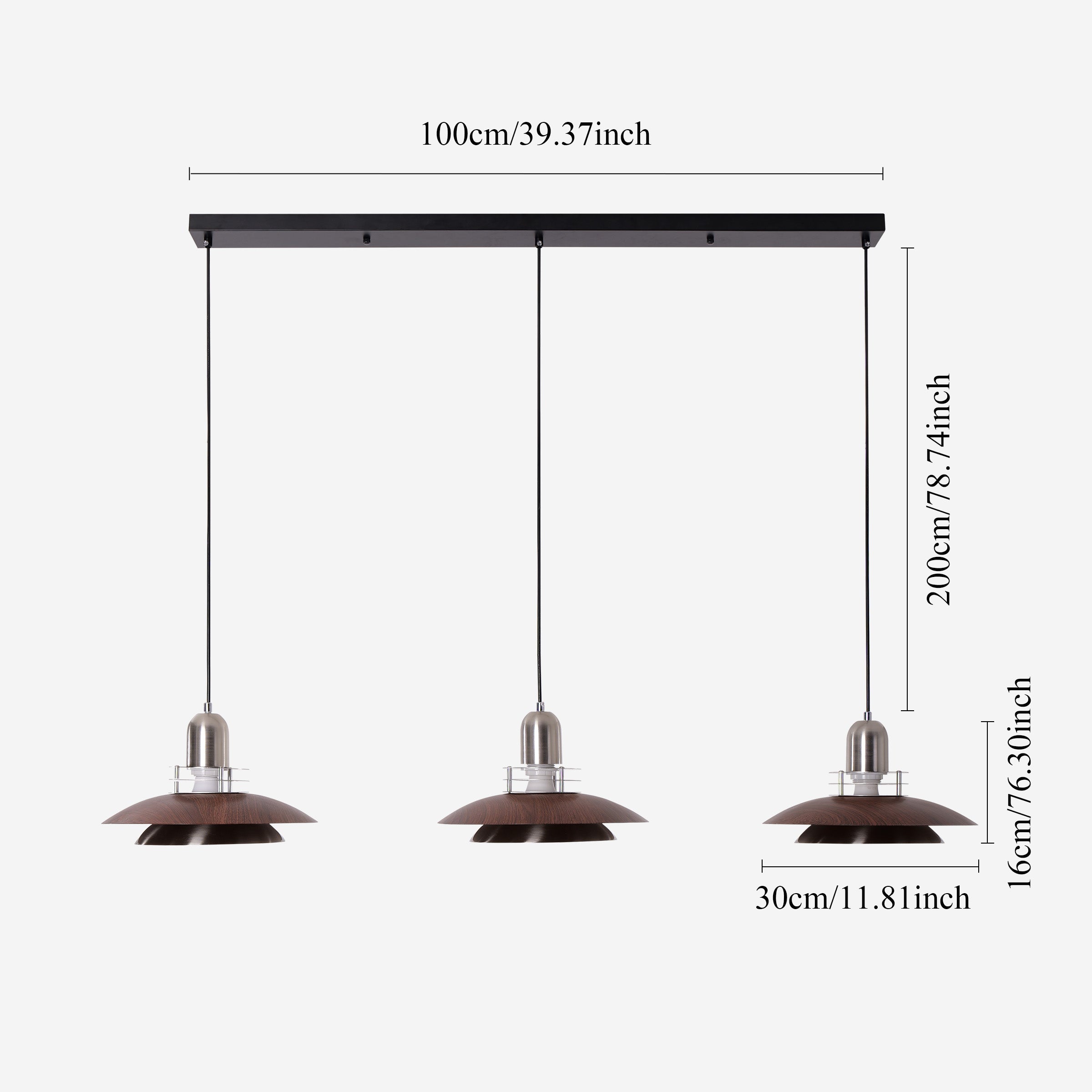 3-light walnut iron bar pendant with shade and canopy details