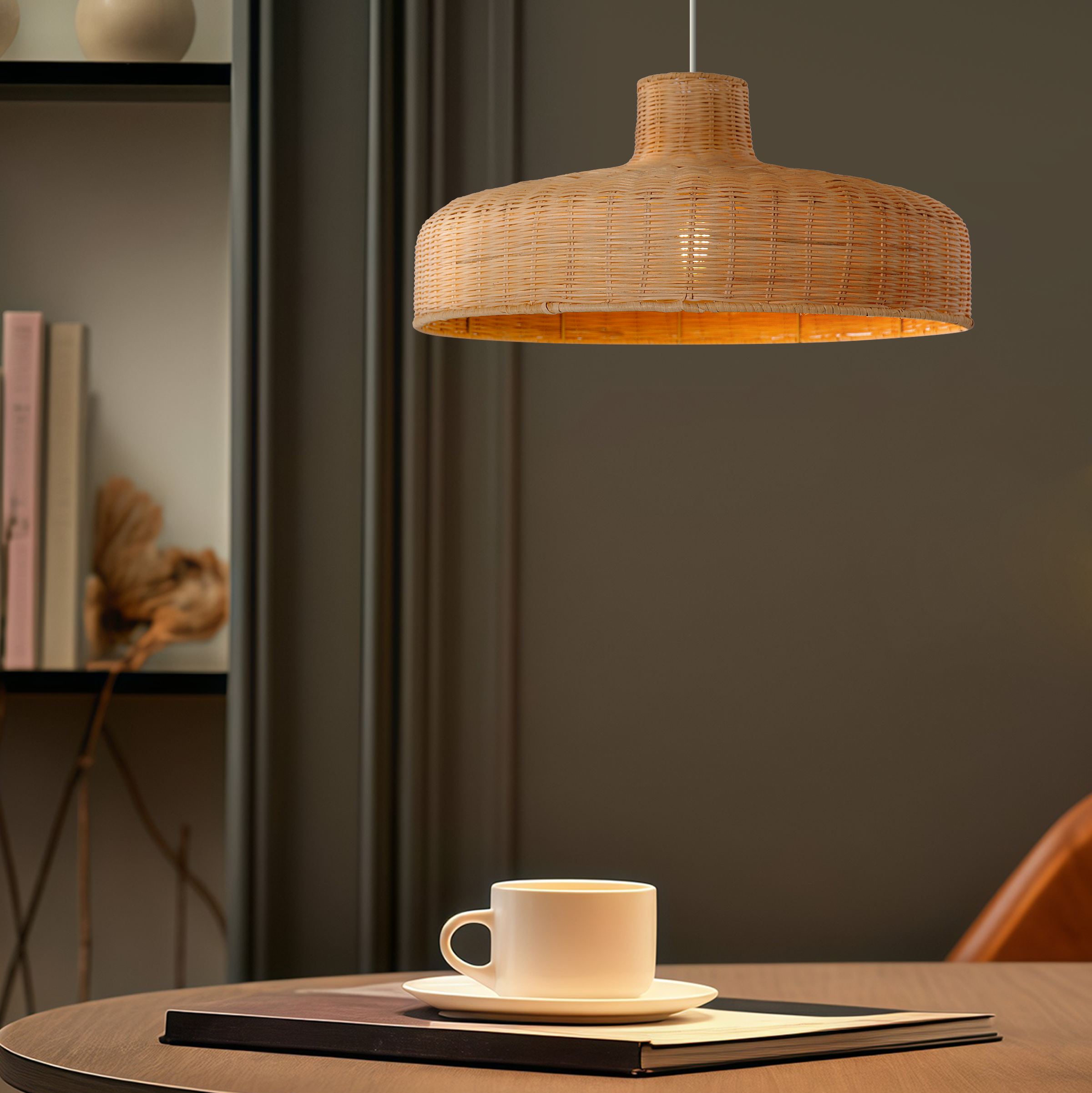 Flat Teapot-Shaped Japanese Rattan Pendant Light – Natural Elegance