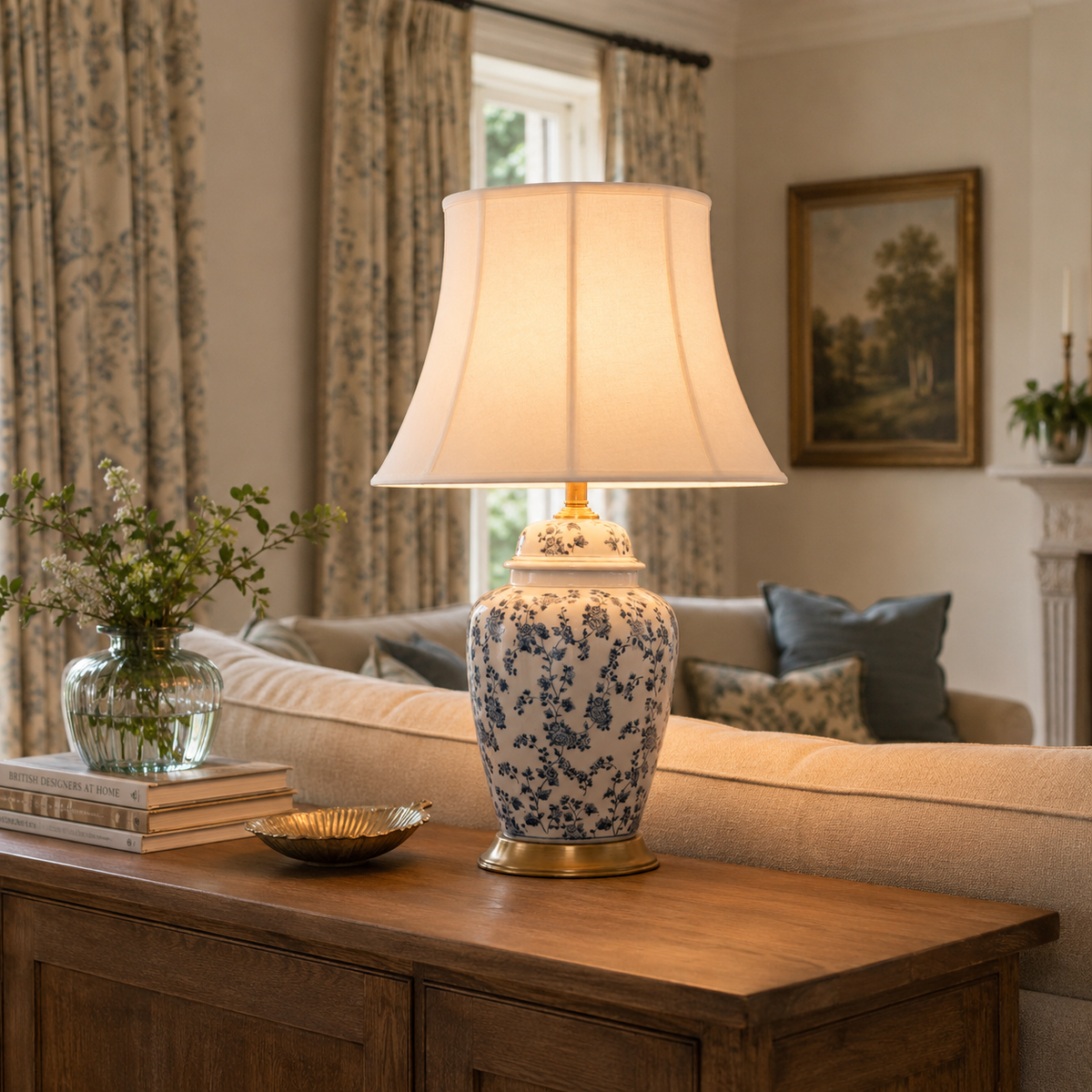 blue floral ceramic table lamp on a wooden console in a classic sitting room